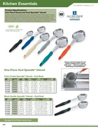 Kitchen Essentials                                                                                                                        The Vollrath Company, LLC

  Product Speciﬁcations:
  One-Piece Round and Oval Spoodle® Utensil
  Spoodle® to be constructed of 20 gauge stainless steel with nylon ergonomic handle. Handles equipped with Agion®
  antimicrobial protection. Handle shall have textured surface and built-in stopper notch to prevent slippage. Construction
  shall be a one-piece design with no crevices to collect water or bacteria. Bowl dimensions shall be exact in order to
  insure consistent capacities within 5%. Capacities must be clearly stamped on the top side of the Spoodle® for easy
  identiﬁcation. Bowl design to be either round or oval shaped; with or without perforations. Spoodle® to be available with
  both black handles and color-coded options. Spoodle® must have a limited lifetime warranty. NSF certiﬁed.




      Note: See page 8-3 for more information
      on Agion® antimicrobial protection




                                                                                                                              Unique oval bowl design ﬁts into
                                                                                                                               corners of Super Pan 3® steam
                                                                                                                              table pans — reducing waste and
                                                                                                                                maximizing serving efﬁciency


 One-Piece Oval Spoodle® Utensil

 Color-Coded Spoodle® Utensil – Oval Bowl
  SOLID             PERFORATED       COLOR       CAPACITY      OVERALL LENGTH         BOWL DIMENSIONS (L X W)        CASE
  ITEM              ITEM             HANDLE       OZ (ML)          IN (CM)                    IN (CM)                 LOT

  6412120           6422120          Black      1 (29.6)        121⁄2 (31.6)         25⁄16 x 21⁄8 (6.0 x 5.5)         12
  6412230           6422230          Blue       2 ( 59.1)      13 ⁄ (33.1)
                                                                   1 16            2 ⁄ x 2 ⁄ (7.5 x 6.8)
                                                                                     15 16     11 16                  12
  6412335           6422335          Ivory      3 (88.7)        131⁄2 (34.2)         33⁄8 x 31⁄16 (8.5 x 7.8)         12
  6412445           6422445          Gray       4 (118)        1313⁄16 (35.1)       311⁄16 x 33⁄8 (9.4 x 8.6)         12
  6412655           6422655           Teal      6 (177.4)       143⁄8 (36.4)       41⁄4 x 313⁄16 (10.7 x 9.8)         12
  6412865           6422865         Orange      8 (236)         14 ⁄ (37.5)
                                                                   34              45⁄8 x 41⁄4 (11.8 x 10.7)          12


 Black Handle Spoodle® Utensil – Oval Bowl
  SOLID             PERFORATED       CAPACITY     OVERALL LENGTH            BOWL DIMENSIONS (L X W)         CASE
  ITEM              ITEM              OZ (ML)         IN (CM)                       IN (CM)                  LOT

  6412120           6422120          1 (29.6)      121⁄2 (31.6)            25⁄16 x 21⁄8 (6.0 x 5.5)          12
  6412220           6422220          2 (59.1)     131⁄16 (33.1)           215⁄16 x 211⁄16 (7.5 x 6.8)        12
  6412320           6422320          3 (88.7)      131⁄2 (34.2)            33⁄8 x 31⁄16 (8.5 x 7.8)          12
  6412420           6422420          4 (118)      1313⁄16 (35.1)          311⁄16 x 33⁄8 (9.4 x 8.6)          12
  6412520           6422520         5 (147.9)     141⁄16 (35.8)             4 x 35⁄8 (10.1 x 9.2)            12
  6412620           6422620         6 (177.4)      143⁄8 (36.4)           41⁄4 x 313⁄16 (10.7 x 9.8)         12
  6412820           6422820          8 (236)       143⁄4 (37.5)           45⁄8 x 41⁄4 (11.8 x 10.7)          12



  See page 8-6 for Portion Control Chart


8-9
 