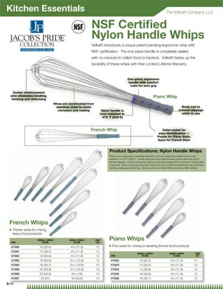 Kitchen Essentials                                                                                                                          The Vollrath Company, LLC


                                                                 NSF Certiﬁed
                                                                 Nylon Handle Whips
                                                                 Vollrath introduces a unique patent-pending ergonomic whip with
                                                                 NSF certiﬁcation. The one-piece handle is completely sealed
                                                                 with no crevices to collect food or bacteria. Vollrath backs up the
                                                                 durability of these whips with their Limited Lifetime Warranty.



                                                                                                   One-piece ergonomic
                                                                                                   handle with comfort
                                                                                                    nubs for sure grip

   Center reinforcement
  wire eliminates bending,                                                                                                     Piano Whip
  twisting and deforming
                                       Wires are constructed from
                                        stainless steel to resist                                                                                          Knob end to
                                          corrosion and rusting            Nylon handle is                                                               prevent slippage
                                                                           heat resistant to                                                               while in use
                                                                            475˚ F (246˚C)



                                                                 French Whip                                                          Color-coded for
                                                                                                                                    easy identiﬁcation —
                                                                                                                                   Purple for Piano Style,
                                                                                                                                   Aqua for French Style


                                                                                 Product Speciﬁcations: Nylon Handle Whips
                                                                                 Whips to be constructed of stainless steel wires with nylon ergonomic handle having a heat
                                                                                 resistance to 475˚ F (246˚ C). Handle shall have color-coded textured surface with knob end to
                                                                                 prevent slippage. Handle construction shall be a one-piece design with no crevices to collect water
                                                                                 or bacteria. Wires must be securely held in place and have a center reinforcement wire to eliminate
                                                                                 bending, twisting and deforming. Whips must have a limited lifetime warranty. NSF certiﬁed.




 French Whips
 Q   Thicker wires for mixing
     heavy food products

  ITEM
                      OVERALL LENGTH
                          IN (CM)
                                                 HANDLE LENGTH
                                                    IN (CM)
                                                                    CASE
                                                                     LOT
                                                                                 Piano Whips
                                                                                 Q   Fine wires for mixing or aerating thinner food products
  47090                 10 (25.4)                 45⁄8 (11.8)       12
  47091                 12 (30.5)                 4 ⁄ (11.8)
                                                   58               12
                                                                                                              OVERALL LENGTH                   HANDLE LENGTH              CASE
  47092                 14 (35.6)                 45⁄8 (11.8)       12            ITEM                            IN (CM)                         IN (CM)                  LOT

  47093                 16 (40.6)                57⁄16 (13.8)       12            47002                         10 (25.4)                       45⁄8 (11.8)              12
  47094                 18 (45.7)                5 ⁄ (13.8)
                                                   7 16             12            47003                         12 (30.5)                       45⁄8 (11.8)              12
  47095                 20 (50.8)                57⁄16 (13.8)       12            47004                         14 (35.6)                       45⁄8 (11.8)              12
  47096                 22 (55.9)                 65⁄16 (16)        12            47005                         16 (40.6)                       45⁄8 (11.8)              12
  47097                  24 (61)                  16 (40.6)         12            47006                         18 (45.7)                       45⁄8 (11.8)              12
8-11
 -11
 