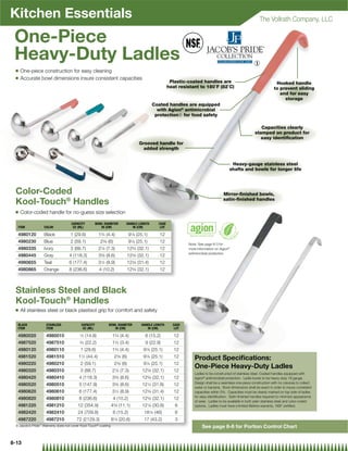 Kitchen Essentials                                                                                                                                         The Vollrath Company, LLC


 One-Piece
 Heavy-Duty Ladles                                                                                                                                      {
 Q   One-piece construction for easy cleaning
 Q   Accurate bowl dimensions insure consistent capacities
                                                                                                     Plastic-coated handles are                                       Hooked handle
                                                                                                    heat resistant to 180˚F (82˚C)                                   to prevent sliding
                                                                                                                                                                        and for easy
                                                                                                                                                                          storage
                                                                                           Coated handles are equipped
                                                                                             with Agion® antimicrobial
                                                                                            protection{ for food safety

                                                                                                                                                           Capacities clearly
                                                                                                                                                        stamped on product for
                                                                                                                                                           easy identiﬁcation
                                                                                  Grooved handle for
                                                                                    added strength


                                                                                                                                        Heavy-gauge stainless steel
                                                                                                                                       shafts and bowls for longer life




 Color-Coded                                                                                                                       Mirror-ﬁnished bowls,
                                                                                                                                   satin-ﬁnished handles
 Kool-Touch® Handles
 Q   Color-coded handle for no-guess size selection

                                    CAPACITY         BOWL DIAMETER      HANDLE LENGTH        CASE
  ITEM            COLOR              OZ (ML)            IN (CM)            IN (CM)            LOT

  4980120         Black            1 (29.6)           13⁄4 (4.4)            97⁄8 (25.1)       12
  4980230         Blue             2 (59.1)            2 ⁄ (6)
                                                         38                 97⁄8 (25.1)       12
                                                                                                             Note: See page 8-3 for
  4980335         Ivory            3 (88.7)           27⁄8 (7.3)            125⁄8 (32.1)      12             more information on Agion®
                                                                                                             antimicrobial protection
  4980445         Gray            4 (118.3)           33⁄8 (8.6)            125⁄8 (32.1)      12
  4980655         Teal            6 (177.4)           31⁄2 (8.9)            123⁄8 (31.4)      12
  4980865         Orange          8 (236.6)            4 (10.2)             125⁄8 (32.1)      12



 Stainless Steel and Black
 Kool-Touch® Handles
 Q   All stainless steel or black plastisol grip for comfort and safety

  BLACK             STAINLESS             CAPACITY            BOWL DIAMETER         HANDLE LENGTH     CASE
  ITEM              ITEM                   OZ (ML)               IN (CM)               IN (CM)         LOT

  4980020           4980010               ⁄ (14.8)
                                         12                     13⁄4 (4.4)            6 (15.2)         12
  4987520           4987510               ⁄ (22.2)
                                         34                     12⁄3 (3.4)            9 (22.9)         12
  4980120           4980110               1 (29.6)              13⁄4 (4.4)           97⁄8 (25.1)       12
  4981520           4981510             11⁄2 (44.4)              23⁄8 (6)            97⁄8 (25.1)       12       Product Speciﬁcations:
  4980220           4980210               2 (59.1)               23⁄8 (6)            97⁄8 (25.1)       12
                                                                                                                One-Piece Heavy-Duty Ladles
  4980320           4980310               3 (88.7)              27⁄8 (7.3)          125⁄8 (32.1)       12
                                                                                                                Ladles to be constructed of stainless steel. Coated handles equipped with
  4980420           4980410              4 (118.3)              3 ⁄ (8.6)
                                                                  38                125⁄8 (32.1)       12       Agion® antimicrobial protection. Ladle bowls to be heavy-duty 18 gauge.
                                                                                                                Design shall be a seamless one-piece construction with no crevices to collect
  4980520           4980510              5 (147.9)              33⁄8 (8.6)          121⁄2 (31.8)       12
                                                                                                                water or bacteria. Bowl dimensions shall be exact in order to insure consistent
  4980620           4980610              6 (177.4)              31⁄2 (8.9)          123⁄8 (31.4)       12       capacities within 5%. Capacities must be clearly marked on top side of ladles
                                                                                                                for easy identiﬁcation. Satin-ﬁnished handles required to minimize appearance
  4980820           4980810              8 (236.6)               4 (10.2)           125⁄8 (32.1)       12
                                                                                                                of wear. Ladles to be available in both plain stainless steel and color-coded
  4981220           4981210             12 (354.9)              43⁄8 (11.1)         121⁄8 (30.8)       6        options. Ladles must have a limited lifetime warranty. NSF certiﬁed.
  4982420           4982410             24 (709.8)               6 (15.2)            181⁄8 (46)        6
  4987220           4987210            72 (2129.3)              81⁄8 (20.6)          17 (43.2)         3
 { Jacob’s Pride™ Warranty does not cover Kool-Touch® coating                                                        See page 8-6 for Portion Control Chart


8-13
 