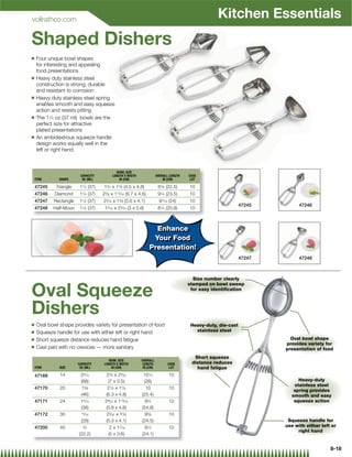vollrathco.com
                                                                                                   Kitchen Essentials
Shaped Dishers
Q   Four unique bowl shapes
    for interesting and appealing
    food presentations
Q   Heavy duty stainless steel
    construction is strong, durable
    and resistant to corrosion
Q   Heavy duty stainless steel spring
    enables smooth and easy squeeze
    action and resists pitting
Q   The 11⁄4 oz (37 ml) bowls are the
    perfect size for attractive
    plated presentations
Q   An ambidextrous squeeze handle
    design works equally well in the
    left or right hand



                                            BOWL SIZE
                         CAPACITY         LENGTH X WIDTH              OVERALL LENGTH   CASE
    ITEM      SHAPE       OZ (ML)             IN (CM)                     IN (CM)       LOT

    47245    Triangle    11⁄4 (37)   13⁄4 x 17⁄8 (4.5 x 4.8)           87⁄8 (22.5)     10
    47246   Diamond      11⁄4 (37)   25⁄8 x 113⁄16 (6.7 x 4.6)         91⁄4 (23.5)     10
    47247   Rectangle    11⁄4 (37)   23⁄16 x 15⁄8 (5.6 x 4.1)           97⁄16 (24)     10
                                                                                                               47245         47246
    47248   Half-Moon    11⁄4 (37)    13⁄16 x 23⁄16 (3 x 5.6)          81⁄4 (20.9)     10



                                                                   Enhance
                                                                    Enhance
                                                                  Your Food
                                                                   Your Food
                                                                 Presentation!
                                                                 Presentation!
                                                                                                               47247         47248



                                                                                         Size number clearly
                                                                                       stamped on bowl sweep

Oval Squeeze                                                                            for easy identiﬁcation



Dishers
Q   Oval bowl shape provides variety for presentation of food                           Heavy-duty, die-cast
Q   Squeeze handle for use with either left or right hand                                 stainless steel
Q   Short squeeze distance reduces hand fatigue                                                                          Oval bowl shape
                                                                                                                       provides variety for
Q   Cast part with no crevices — more sanitary                                                                         presentation of food
                                                                                         Short squeeze
                                        BOWL SIZE          OVERALL
                        CAPACITY      LENGTH X WIDTH       LENGTH            CASE       distance reduces
    ITEM      SIZE       OZ (ML)          IN (CM)           IN (CM)           LOT         hand fatigue
    47169     14         25⁄16         23⁄4 x 25⁄32          101⁄4           10
                         (68)           (7 x 5.5)            (26)                                                           Heavy-duty
                                                                                                                          stainless steel
    47170     20         15⁄8           21⁄2 x 17⁄8           10             10
                                                                                                                          spring provides
                         (46)          (6.3 x 4.8)          (25.4)                                                       smooth and easy
    47171     24         15⁄16        29⁄32 x 113⁄16         9 3 ⁄4          10                                           squeeze action
                         (38)          (5.8 x 4.6)          (24.8)
    47172     30         15⁄16         23⁄32 x 15⁄8          9 5 ⁄8          10
                         (28)          (5.3 x 4.1)          (24.5)                                                      Squeeze handle for
    47200     40          3⁄4            2 x 17⁄16           9 1 ⁄2          10                                        use with either left or
                                                                                                                            right hand
                        (22.2)          (5 x 3.6)           (24.1)


                                                                                                                                           8-18
 