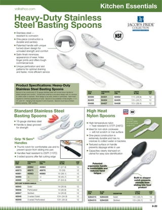 vollrathco.com
                                                                                                                 Kitchen Essentials
Heavy-Duty Stainless
Steel Basting Spoons
Q   Stainless steel —
    resistant to corrosion
Q   One-piece construction is
    durable and sanitary
Q   Patented handle with unique
    turned-down design for
    unrivaled strength and comfort
Q   Satin-ﬁnish minimizes
    appearance of wear, hides
    ﬁnger prints and offers tough
    commercial look
Q   Unique perforation and slot
    patterns for optimal draining
    and faster, more efﬁcient service




    Product Speciﬁcations: Heavy-Duty
    Stainless Steel Basting Spoons
    Spoons to be constructed of 16-gauge stainless steel with turned-down handle for              SOLID           PERFORATED    SLOTTED                 LENGTH       CASE
                                                                                                  ITEM            ITEM          ITEM                    IN (CM)       LOT
    added strength and comfort. Construction shall be a one-piece design with no crevices
    to collect water or bacteria. Bowl design to be solid, slotted or perforated. Satin-ﬁnish     64400           64401         64402               113⁄4 (29.8)     12
    required to minimize appearance of wear. Spoons to be available in three lengths: 111⁄2,
    13”, and 15”. Hanging hole required in end of spoons. Spoons must have a limited              64403           64404         64405               131⁄4 (33.7)     12
    lifetime warranty. NSF certiﬁed.                                                              64406           64407         64408               151⁄2 (39.4)     12


Standard Stainless Steel                                                                          High Heat
Basting Spoons                                                                                    Nylon Spoons
                                                                                                                                              Matching
Q   18-gauge stainless steel                                                                                                                  Spoodle® (page
                                                                                                  Q   High-temperature nylon                  8-10) and Turner
Q   Handle is deep grooved                                                                                                                    (page 8-24)
                                                                                                      — heat resistant to 475˚F (246˚C)
    for strength
                                                                                                  Q   Ideal for non-stick cookware
                                                                                                      — will not scratch or mar surface
                                                                                                  Q   One-piece construction is
Grip ‘N Serv                ®                                                                         extremely durable and has no
                                                                                                      crevices to collect water or bacteria
Handles                                                                                           Q   Textured surface on handle
Q    Thumb notch for comfortable use and to                                                           prevents slippage while in use
     prevent spoon from sliding into pan                                                          Q   Capacities clearly stamped on
Q    Handles heat resistant to 230˚F (110˚C)                                                          utensil for easy size identiﬁcation
Q    3-sided spoons offer ﬂat cutting edge

SOLID               PERFORATED        SLOTTED                      LENGTH                  CASE
ITEM                ITEM              ITEM                         IN (CM)                  LOT        Patented
                                                                                                   ergonomic handle
46961               46962             46963                     11 (27.9)                  12
                                                                                                  is comfortable and
46973               46975             46976                       13 (33)                  12        reduces hand
46981               46983             46985                     15 (38.1)                  12           fatigue
46990               —                 —                         18 (45.7)                  12                                                          Built-in stopper
46995               —                 —                         21 (53.3)                  12                                                          notch prevents
WITH GRIP 'N SERVE® HANDLES                                                                                                                              utensils from
                                                                                                                                                       sliding into food
46945               Solid                                       14 (35.6)                  12                                                               product
46946               Perforated                                  14 (35.6)                  12
                                                                                                  WHITE          BLACK                                   LENGTH       CASE
46947               Slotted                                     14 (35.6)                  12     ITEM           ITEM          DESCRIPTION               IN (CM)       LOT
46948               3-sided Solid                              133⁄4 (34.9)                12     5284215        5284220       Solid                  131⁄4 (33.7)    12
46949               3-sided Perforated                         133⁄4 (34.9)                12     5284315        5284320       Slotted                131⁄4 (33.7)    12

                                                                                                                                                                            8-20
 