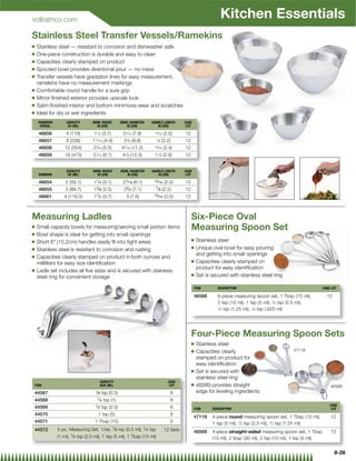 vollrathco.com
                                                                                                                 Kitchen Essentials
Stainless Steel Transfer Vessels/Ramekins
Q   Stainless steel — resistant to corrosion and dishwasher safe
Q   One-piece construction is durable and easy to clean
Q   Capacities clearly stamped on product
Q   Spouted bowl provides directional pour — no mess
Q   Transfer vessels have gradation lines for easy measurement,
    ramekins have no measurement markings
Q   Comfortable round handle for a sure grip
Q   Mirror-ﬁnished exterior provides upscale look
Q   Satin-ﬁnished interior and bottom minimizes wear and scratches
Q   Ideal for dry or wet ingredients
    TRANSFER        CAPACITY      BOWL HEIGHT            BOWL DIAMETER   HANDLE LENGTH       CASE
     VESSEL          OZ (ML)        IN (CM)                 IN (CM)         IN (CM)           LOT

    46656           4 (118)        11⁄2 (3.7)             31⁄16 (7.9)     13 16⁄ (2.0)       12
    46657           8 (236)       1 ⁄ (4.9)
                                    15 16                 3 ⁄ (9.8)
                                                            78             78  ⁄ (2.2)       12
    46658          12 (354)        23⁄16 (5.5)           47⁄16 (11.2)     15 16⁄ (2.4)       12
    46659          16 (473)        27⁄16 (6.1)            47⁄8 (12.3)     11⁄8 (2.9)         12


                    CAPACITY       BOWL HEIGHT           BOWL DIAMETER   HANDLE LENGTH       CASE
    RAMEKIN          OZ (ML)         IN (CM)                IN (CM)         IN (CM)           LOT

    46654          2 (59.1)        11⁄ 4 (3.1)            27⁄ 16 (6.1)    13
                                                                            ⁄ 16 (2.0)       12
                                     3                      3              7
    46655          3 (88.7)        1 ⁄ 8 (3.5)            2 ⁄ 4 (7.1)          ⁄ 8 (2.2)     12
    46661         4 (118.0)        11⁄ 2 (3.7)              3 (7.6)       13⁄ 16   (2.0)     12



Measuring Ladles                                                                                  Six-Piece Oval
Q   Small capacity bowls for measuring/serving small portion items                                Measuring Spoon Set
Q   Bowl shape is ideal for getting into small openings
Q                                                                                                 Q   Stainless steel
    Short 6 (15.2cm) handles easily ﬁt into tight areas
Q                                                                                                 Q   Unique oval bowl for easy pouring
    Stainless steel is resistant to corrosion and rusting
Q
                                                                                                      and getting into small openings
    Capacities clearly stamped on product in both ounces and
                                                                                                  Q   Capacities clearly stamped on
    milliliters for easy size identiﬁcation
Q
                                                                                                      product for easy identiﬁcation
    Ladle set includes all ﬁve sizes and is secured with stainless
                                                                                                  Q   Set is secured with stainless steel ring
    steel ring for convenient storage

                                                                                                    ITEM        DESCRIPTION                                         CASE LOT

                                                                                                    46588       6-piece measuring spoon set, 1 Tbsp (15 ml),          12
                                                                                                                2 tsp (10 ml), 1 tsp (5 ml), 1⁄2 tsp (2.5 ml),
                                                                                                                1⁄4 tsp (1.25 ml), 1⁄8 tsp (.625 ml)




                                                                                                  Four-Piece Measuring Spoon Sets
                                                                                                  Q   Stainless steel
                                                                                                  Q   Capacities clearly                             47118
                                                                                                      stamped on product for
                                                                                                      easy identiﬁcation
                                                                                                  Q   Set is secured with
                                                                                                      stainless steel ring
                                          CAPACITY                                   CASE
ITEM                                      SIZE (ML)                                   LOT         Q   46589 provides straight                                           46589
44567                               1
                                     ⁄ 8 tsp (0.5)                                     6              edge for leveling ingredients
44568                                   1⁄ 4   tsp (1)                                 6
                                    1⁄ 2                                                                                                                                CASE
44569                                      tsp (2.5)                                   6            ITEM     DESCRIPTION                                                 LOT
44570                                   1 tsp (5)                                      6
                                                                                                    47118    4-piece round measuring spoon set, 1 Tbsp (15 ml),         12
44571                               1 Tbsp (15)                                        6                     1 tsp (5 ml), 1⁄2 tsp (2.5 ml), 1⁄4 tsp (1.25 ml)
44572          5 pc. Measuring Set, 1/ea. 1⁄ 8 tsp (0.5 ml), 1⁄ 4 tsp              12 Sets          46589    4-piece straight-sided measuring spoon set, 1 Tbsp         12
               (1 ml), 1⁄ 2 tsp (2.5 ml), 1 tsp (5 ml), 1 Tbsp (15 ml)                                       (15 ml), 2 tbsp (30 ml), 2 tsp (10 ml), 1 tsp (5 ml)


                                                                                                                                                                           8-28
 