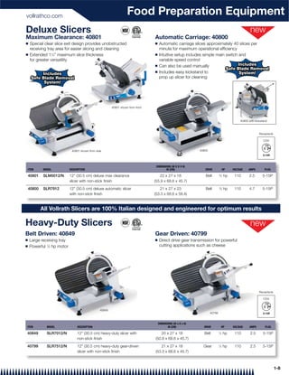 vollrathco.com
                                                                     Food Preparation Equipment
Deluxe Slicers
Maximum Clearance: 40801                                                           Automatic Carriage: 40800
Q    Special clear slice exit design provides unobstructed                         Q   Automatic carriage slices approximately 40 slices per
     receiving tray area for easier slicing and cleaning                               minute for maximum operational efﬁciency
Q    Extended 11⁄4" maximum slice thickness                                        Q   Intuitive setup includes simple main switch and
     for greater versatility                                                           variable speed control
                                                                                   Q   Can also be used manually                   Includes
                                                                                                                            Safe Blade Removal
                                                                                   Q   Includes easy kickstand to                  System!
           Includes
      Safe Blade Removal                                                               prop up slicer for cleaning
            System!




                                                          40801 shown from front



                                                                                                                                                 40800 with kickstand



                                                                                                                                                               Receptacle

                                                                                                                                                                 120V


                              40801 shown from side                                                             40800




                                                                                    DIMENSIONS (W X D X H)
    ITEM     MODEL           DESCRIPTION                                                   IN (CM)                 DRIVE             HP     VOLTAGE    AMPS        PLUG

    40801    SLM0012/N       12" (30.5 cm) deluxe max clearance                        22 x 27 x 18                Belt         2
                                                                                                                                    ⁄3 hp    110       2.5       5-15P
                             slicer with non-stick finish                          (55.9 x 68.6 x 45.7)

    40800    SLR7912         12" (30.5 cm) deluxe automatic slicer                     21 x 27 x 23                Belt         3
                                                                                                                                    ⁄4 hp    110       4.7       5-15P
                             with non-stick finish                                 (53.3 x 68.6 x 58.4)


            All Vollrath Slicers are 100% Italian designed and engineered for optimum results

Heavy-Duty Slicers
Belt Driven: 40849                                                                 Gear Driven: 40799
Q    Large receiving tray                                                          Q   Direct drive gear transmission for powerful
Q    Powerful 1⁄2 hp motor                                                             cutting applications such as cheese




                                                                                                                                                               Receptacle

                                                                                                                                                                 120V


                                                  40849
                                                                                                                        40799


                                                                                       DIMENSIONS (W x D x H)
ITEM           MODEL              DESCRIPTION                                                 IN (CM)             DRIVE             HP      VOLTAGE    AMPS        PLUG

40849          SLR7012/N          12" (30.5 cm) heavy-duty slicer with                 20 x 27 x 18               Belt          ⁄2 hp
                                                                                                                                1
                                                                                                                                             110        2.5       5-15P
                                  non-stick finish                                 (50.8 x 68.6 x 45.7)

40799          SLR7512/N          12" (30.5 cm) heavy-duty gear-driven                 21 x 27 x 18               Gear          ⁄2 hp
                                                                                                                                1
                                                                                                                                             110        2.5       5-15P
                                  slicer with non-stick finish                     (53.3 x 68.6 x 45.7)



                                                                                                                                                                            1-8
 