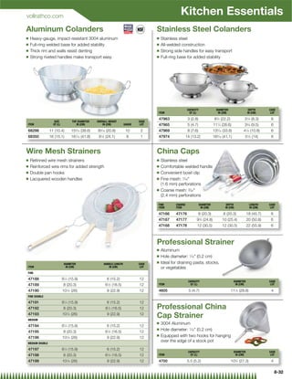 vollrathco.com
                                                                                                   Kitchen Essentials
Aluminum Colanders                                                                  Stainless Steel Colanders
Q   Heavy-gauge, impact-resistant 3004 aluminum                                     Q   Stainless steel
Q   Full-ring welded base for added stability                                       Q   All-welded construction
Q   Thick rim and walls resist denting                                              Q   Strong side handles for easy transport
Q   Strong riveted handles make transport easy                                      Q   Full-ring base for added stability




                                                                                                          CAPACITY                DIAMETER                  DEPTH       CASE
                                                                                    ITEM                   QT (L)                  IN (CM)                 IN (CM)       LOT

                                                                                    47963                 3 (2.8)                83⁄4 (22.2)            31⁄4 (8.3)       6
                   SIZE           TOP DIAMETER   OVERALL HEIGHT              CASE
ITEM              QT (L)             IN (CM)         IN (CM)         GAUGE    LOT   47965                 5 (4.7)               11 ⁄4 (28.6)
                                                                                                                                   1
                                                                                                                                                        33⁄4 (9.5)       6
68298           11 (10.4)        153⁄16 (38.6)   83⁄16 (20.8)         10      2     47969                 8 (7.6)               135⁄16 (33.8)          41⁄4 (10.8)       6
68350           16 (15.1)        167⁄16 (41.8)    91⁄2 (24.1)         8       1     47974                14 (13.2)              163⁄16 (41.1)           51⁄2 (14)        6



Wire Mesh Strainers                                                                 China Caps
Q   Retinned wire mesh strainers                                                    Q   Stainless steel
Q   Reinforced wire rims for added strength                                         Q   Comfortable welded handle
Q   Double pan hooks                                                                Q   Convenient bowl clip
Q   Lacquered wooden handles                                                        Q   Fine mesh: 1⁄16
                                                                                        (1.6 mm) perforations
                                                                                    Q   Coarse mesh: 3⁄32
                                                                                        (2.4 mm) perforations

                                                                                    FINE        COARSE               DIAMETER            DEPTH                LENGTH    CASE
                                                                                    ITEM        ITEM                  IN (CM)           IN (CM)               IN (CM)    LOT

                                                                                    47166       47176               8 (20.3)           8 (20.3)            18 (45.7)     6
                                                                                    47167       47177           93⁄4 (24.8)            10 (25.4)           20 (50.8)     6
                                                                                    47168       47178            12 (30.5)             12 (30.5)           22 (55.9)     6



                                                                                    Professional Strainer
                                                                                    Q   Aluminum
                                                                                    Q   Hole diameter: 1⁄16 (0.2 cm)
                                                                                    Q   Ideal for draining pasta, stocks,
                            DIAMETER                 HANDLE LENGTH           CASE
ITEM                         IN (CM)                    IN (CM)               LOT       or vegetables
FINE

47188                      61⁄4 (15.9)                  6 (15.2)             12
                                                                                                          CAPACITY                              DIAMETER                CASE
47189                       8 (20.3)                  61⁄2 (16.5)            12     ITEM                   QT (L)                                IN (CM)                 LOT

47190                      101⁄4 (26)                   9 (22.9)             12     4605                   5 (4.7)                             111⁄4 (28.6)              4
FINE DOUBLE

47191                      61⁄4 (15.9)                  6 (15.2)             12
47192                       8 (20.3)                   61⁄2 (16.5)           12     Professional China
47193
MEDIUM
                           101⁄4 (26)                   9 (22.9)             12
                                                                                    Cap Strainer
                                                                                    Q   3004 Aluminum
47194                      61⁄4 (15.9)                  6 (15.2)             12
                                                                                    Q   Hole diameter: 1⁄16 (0.2 cm)
47195                       8 (20.3)                  61⁄2 (16.5)            12
                                                                                    Q   Equipped with two hooks for hanging
47196                      101⁄4 (26)                   9 (22.9)             12
MEDIUM DOUBLE
                                                                                        over the edge of a stock pot
47197                      61⁄4 (15.9)                  6 (15.2)             12
                                                                                                          CAPACITY                              DIAMETER                CASE
47198                       8 (20.3)                  61⁄2 (16.5)            12     ITEM                   QT (L)                                IN (CM)                 LOT

47199                      101⁄4 (26)                   9 (22.9)             12     4700                 5.5 (5.2)                             103⁄4 (27.3)              4

                                                                                                                                                                             8-32
 