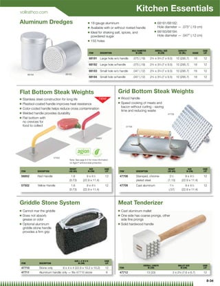 vollrathco.com
                                                                                                            Kitchen Essentials
Aluminum Dredges                                              Q    18-gauge aluminum                                            Q   68181/68182:
                                                              Q    Available with or without riveted handle                         Hole diameter — .075 (.19 cm)
                                                              Q                                                                 Q   68183/68184:
                                                                   Ideal for shaking salt, spices, and
                                                                   powdered sugar                                                   Hole diameter — .047 (.12 cm)
                                                              Q    155 holes

                                                                                                      HOLE DIAMETER             OVERALL SIZE               CAPACITY               CASE
                                                                  ITEM      DESCRIPTION                  IN (CM)                   IN (CM)                  OZ (ML)      GAUGE     LOT

                                                                  68181     Large hole w/o handle         .075 (.19)      23⁄4 x 33⁄4 (7 x 9.5)           10 (295.7)         18   12

                                                                  68182     Large hole w/handle           .075 (.19)      23⁄4 x 33⁄4 (7 x 9.5)           10 (295.7)         18   12

                                                                  68183     Small hole w/o handle         .047 (.12)      23⁄4 x 33⁄4 (7 x 9.5)           10 (295.7)         18   12
       68184                            68183
                                                                  68184     Small hole w/handle           .047 (.12)      2 ⁄ x 3 ⁄ (7 x 9.5)
                                                                                                                           34        34                   10 (295.7)         18   12




Flat Bottom Steak Weights                                                                 Grid Bottom Steak Weights
Q                                                                                         Q   Wood handle
    Stainless steel construction for long life
Q                                                                                         Q   Speed cooking of meats and
    Plastisol-coated handle improves heat resistance
Q
                                                                                              bacon without curling - saving
    Color-coded handle helps reduce cross contamination
                                                                                              time and reducing waste
Q   Welded handle provides durability                                                                                                          47709
Q   Flat bottom with
    no crevices for
    food to collect                                                                               47708




                                                                         56852




                              57502
                                           Note: See page 8-3 for more information
                                           on Agion® antimicrobial protection

                                           WEIGHT               SIZE             CASE                                                          WEIGHT                SIZE         CASE
ITEM           DESCRIPTION                 LBS (KG)           IN (CM)             LOT     ITEM              DESCRIPTION                        LBS (KG)            IN (CM)         LOT

56852          Red Handle                   1.6             9 x 41⁄2             12       47708             Stamped, chrome-                    21⁄2             9 x 41⁄2         12
                                           (0.73)        (22.9 x 11.4)                                      plated steel                       (1.13)         (22.9 x 11.4)
57502          Yellow Handle                1.6             9 x 41⁄2             12       47709             Cast aluminum                        11⁄4            9 x 41⁄2         12
                                           (0.73)        (22.9 x 11.4)                                                                          (.57)         (22.9 x 11.4)



Griddle Stone System                                                                      Meat Tenderizer
Q   Cannot mar the griddle                                                                Q   Cast aluminum mallet
Q   Does not absorb                                                                       Q   One side has coarse prongs, other
    grease or odor                                                                            side ﬁne prongs
Q   Optional aluminum                                                                     Q   Solid hardwood handle
    griddle stone handle
    provides a ﬁrm grip




                                                SIZE: L X W X H                  CASE
ITEM            DESCRIPTION                         IN (CM)                       LOT
                                                                                                                  OVERALL LENGTH                           MALLET SIZE            CASE
47710           Stone only            9 x 4 x 4 (22.9 x 10.2 x 10.2)             12       ITEM                        IN (CM)                                IN (CM)               LOT

47711           Aluminum handle only — fits 47710 stone                           6       47712                        13 (33)                      3 x 25⁄8 (7.6 x 6.7)          12

                                                                                                                                                                                     8-34
 