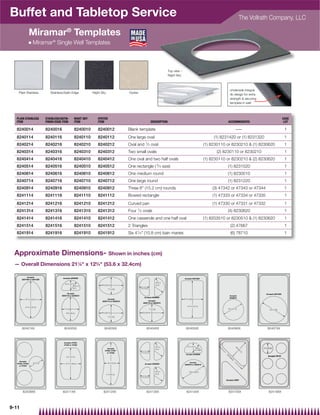 Buffet and Tabletop Service                                                                                                                                                                                     The Vollrath Company, LLC

                  Miramar® Templates
                  Q   Miramar® Single Well Templates



                                                                                                                                                Top view –
                                                                                                                                                Night Sky



                                                                                                                                                                                                   Underside integral
    Plain Stainless                 Stainless/Satin Edge                Night Sky                   Oyster
                                                                                                                                                                                                   rib design for extra
                                                                                                                                                                                                   strength  securing
                                                                                                                                                                                                   template in well



  PLAIN STAINLESS                STAINLESS/SATIN-           NIGHT SKY      OYSTER                                                                                                                                                           CASE
  ITEM                           FINISH EDGE ITEM           ITEM           ITEM                                              DESCRIPTION                                                          ACCOMMODATES                               LOT

  8240014                        8240016                    8240010        8240012                  Blank template                                                                                          –—                               1
  8240114                        8240116                    8240110        8240112                  One large oval                                                                         (1) 8231420 or (1) 8231320                        1
  8240214                        8240216                    8240210        8240212                  Oval and 1⁄ 2 oval                                                                (1) 8230110 or 8230210  (1) 8230620                   1
  8240314                        8240316                    8240310        8240312                  Two small ovals                                                                         (2) 8230110 or 8230210                           1
  8240414                        8240416                    8240410        8240412                  One oval and two half ovals                                                       (1) 8230110 or 8230210  (2) 8230620                   1
  8240514                        8240516                    8240510        8240512                  One rectangle ( 3⁄ 4 size)                                                                    (1) 8231520                                1
  8240614                        8240616                    8240610        8240612                  One medium round                                                                              (1) 8230010                                1
  8240714                        8240716                    8240710        8240712                  One large round                                                                               (1) 8231220                                1
  8240914                        8240916                    8240910        8240912                  Three 6 (15.2 cm) rounds                                                             (3) 47342 or 47343 or 47344                        1
  8241114                        8241116                    8241110        8241112                  Bowed rectangle                                                                       (1) 47333 or 47334 or 47335                        1
  8241214                        8241216                    8241210        8241212                  Curved pan                                                                            (1) 47330 or 47331 or 47332                        1
  8241314                        8241316                    8241310        8241312                       1
                                                                                                    Four ⁄ 2 ovals                                                                                (4) 8230620                                1
  8241414                        8241416                    8241410        8241412                  One casserole and one half oval                                                   (1) 8203510 or 8230510  (1) 8230620                   1
  8241514                        8241516                    8241510        8241512                  2 Triangles                                                                                     (2) 47667                                1
  8241914                        8241916                    8241910        8241912                  Six 41⁄ 4 (10.8 cm) bain maries                                                                (6) 78710                                1



 Approximate Dimensions- Shown in inches (cm)
 — Overall Dimensions 211⁄8 x 123⁄4 (53.6 x 32.4cm)

             Accepts
                                             Accepts 8230620                                                                                                 Accepts 8231520
        8231420 or 8231320
                                                                                                                                       R15/16
                                              43/16 (10.7)
                                                                              95/8 (24.4)                                              (2.3)
                                                         R313/16
                                                         (9.7)                                               41/8 (10.4)
                                                                                      71/8 (18)

                                                 Accepts                                                                                                                                                                  Accepts 8231220
                                            8230110 or 8230210                                                                                                                                     Accepts
                                                                                                                  Accepts 8230620                                                                  8230010
            813/16 (22.4)                                                           Accepts                                                                  815/16 (22.6)
                                                                               8230110 or 8230210                     Accepts
                                                                                                                 8230110 or 8230210
                                                                                                                                                                1415/16 (37.2)
           1413/16 (37.6)
                                              71/8 (18)                                                                    71/8 (18)                                                              81/3 (21.2)
                                                                                                                                                                                                                             101/4 (26)
                                                95/8   (24.4)                 95/8 (24.4)                      95/8 (24.4)

                                                                                      71/8 (18)




        82401XX                               82402XX                            82403XX                             82404XX                                   82405XX                            82406XX                  82407XX




                                                                                                                                       R15/16                   43/16 (10.7)
                                                                                    Accepts                                                                                 R35/8
                                                                                                                                       (2.3)                              (9.1) REF
                                                                                  47330, 47331
                                                                                    or 47332                  41/8 (10.4)
                                                                                                                                                               Accepts 8230620



     Accepts
                      6 (15.2)                                                        6.4 (16.3)                                                                   Accepts
   47342, 47343                                                                                                    Accepts 8230620                            8203510 or 8230510
     or 47344


                                                                                                                                   R15/16                          105/16 (26.2)
                                                                                    17.4 (44.2)                                    (2.3)
                                                                                                              41/8 (10.4)




         82409XX                            82411XX                             82412XX                              82413XX                                    82414XX                           82415XX                   82419XX




9-11
 