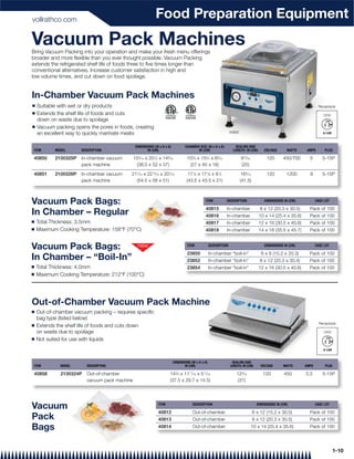 vollrathco.com
                                                              Food Preparation Equipment
Vacuum Pack Machines
Bring Vacuum Packing into your operation and make your fresh menu offerings
broader and more ﬂexible than you ever thought possible. Vacuum Packing
extends the refrigerated shelf life of foods three to ﬁve times longer than
conventional alternatives. Increase customer satisfaction in high and
low volume times, and cut down on food spoilage.


In-Chamber Vacuum Pack Machines
Q   Suitable with wet or dry products                                                                                                                                  Receptacle
Q   Extends the shelf life of foods and cuts                                                                                                                              120V
    down on waste due to spoilage
Q   Vacuum packing opens the pores in foods, creating
    an excellent way to quickly marinate meats                                                                    40850



                                               DIMENSIONS (W x D x H)            CHAMBER SIZE (W x D x H)           SEALING BAR
ITEM       MODEL      DESCRIPTION                     IN (CM)                           IN (CM)                    LENGTH: IN (CM)        VOLTAGE      WATTS    AMPS       PLUG

40850      2100325P   In-chamber vacuum       15 ⁄16 x 20 ⁄2 x 14 ⁄16
                                                 3        1          9
                                                                                  10 ⁄8 x 15 ⁄4 x 6 ⁄16
                                                                                      5         3        5
                                                                                                                          9 ⁄1613
                                                                                                                                           120       450/700     5        5-15P
                      pack machine             (38.5 x 52 x 37)                    (27 x 40 x 16)                         (25)

40851      2100326P   In-chamber vacuum    217⁄16 x 2213⁄16 x 201⁄16               171⁄8 x 171⁄8 x 81⁄4                    165⁄16          120         1200      9        5-15P
                      pack machine           (54.5 x 58 x 51)                     (43.5 x 43.5 x 21)                      (41.5)



Vacuum Pack Bags:                                                                               ITEM          DESCRIPTION                 DIMENSIONS IN (CM)          CASE LOT

                                                                                                40815         In-chamber                8 x 12 (20.3 x 30.5)     Pack of 100
In Chamber – Regular                                                                            40816         In-chamber               10 x 14 (25.4 x 35.6)     Pack of 100
Q   Total Thickness: 3.5mm                                                                      40817         In-chamber               12 x 16 (30.5 x 40.6)     Pack of 100
Q   Maximum Cooking Temperature: 158°F (70°C)                                                   40818         In-chamber               14 x 18 (35.5 x 45.7)     Pack of 100


Vacuum Pack Bags:                                                                  ITEM             DESCRIPTION                           DIMENSIONS IN (CM)          CASE LOT

                                                                                   23850            In-chamber “boil-in”                 6 x 8 (15.2 x 20.3)     Pack of 100
In Chamber – “Boil-In”                                                             23852            In-chamber “boil-in”                8 x 12 (20.3 x 30.4)     Pack of 100
Q   Total Thickness: 4.0mm                                                         23854            In-chamber “boil-in”               12 x 16 (30.5 x 40.6)     Pack of 100
Q   Maximum Cooking Temperature: 212°F (100°C)




Out-of-Chamber Vacuum Pack Machine
Q   Out-of-chamber vacuum packing – requires speciﬁc
    bag type (listed below)
                                                                                                                                                                        Receptacle
Q   Extends the shelf life of foods and cuts down
    on waste due to spoilage                                                                                                                                              120V
Q   Not suited for use with liquids



                                                                          DIMENSIONS (W x D x H)                   SEALING BAR
ITEM         MODEL      DESCRIPTION                                              IN (CM)                          LENGTH: IN (CM)       VOLTAGE      WATTS     AMPS        PLUG

40858        2100324P   Out-of-chamber                                   14 ⁄4 x 11 ⁄16 x 5 ⁄16
                                                                           3        11         11
                                                                                                                      12 ⁄16
                                                                                                                           3
                                                                                                                                         120         450       3.3        5-15P
                        vacuum pack machine                              (37.5 x 29.7 x 14.5)                          (31)




Vacuum                                                        ITEM                       DESCRIPTION                                  DIMENSIONS IN (CM)              CASE LOT

                                                              40812                      Out-of-chamber                             6 x 12 (15.2 x 30.5)         Pack of 100
Pack                                                          40813                      Out-of-chamber                             8 x 12 (20.3 x 30.5)         Pack of 100
Bags                                                          40814                      Out-of-chamber                             10 x 14 (25.4 x 35.6)        Pack of 100




                                                                                                                                                                                 1-10
 