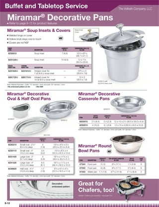 Buffet and Tabletop Service                                                                                                                                      The Vollrath Company, LLC


 Miramar® Decorative Pans
 Q   Refer to page 9-12 for product features

 Miramar® Soup Insets  Covers                                                              Brass Knob
                                                                                            Cover

 Q   Welded hinge on cover
 Q   Hollow knob stays cool to touch
 Q   Covers are not NSF

  INSET                                                                        CAPACITY     DIMENSIONS (DIA X H)
  ITEM                                   DESCRIPTION                            QT (L)            IN (CM)

  8230010                                Soup inset                            7 (6.6)        101⁄ 2 x 85⁄ 16
                                                                                             (26.7 x 21.1)
  8231220{                               Soup inset                           10 (9.5)         12 x 77⁄ 8
                                                                                             (30.5 x 20.0)
  BRASS             CHROME                                                                  DIMENSIONS (Dia x H)
  KNOB ITEM         KNOB ITEM            DESCRIPTION                                             IN (CM)

  8231620|          8231610|             Hinged cover for                           —          109⁄ 16 x 3
                                         7 qt (6.6 L) soup inset                              (26.8 x 7.6)
  8261720|          8261710|             Hinged cover for                           —            12 x 3
                                         10 qt (9.5 L) soup inset                             (30.5 x 7.6)
                                                                                                                                 8230010 with
                                                                                                                                 8231610 inset cover
 Note: Material thickness – Sufﬁx “10” denotes 1.5mm and sufﬁx “20” denotes 1.2mm
 {No embossed pattern on rim              |Not NSF




 Miramar® Decorative                                                                            Miramar® Decorative
 Oval  Half Oval Pans                                                                          Casserole Pans

                                                                                                                                        8203510



                                                                                                                        DEPTH            CAPACITY                   DIMENSIONS (L X W X H)
                                                                                                  ITEM                 IN (CM)            QT (L)                           IN (CM)
  8230620
                                                                              8230210
                                                                                                  8203510            21⁄ 2 (6.4)        2.4 (2.3)           12 x 13 x 21⁄ 2 (30.5 x 33.0 x 6.4)
                                                                                                  8230510            4 (10.2)           4.1 (3.9)           12 x 13 x 4 (30.5 x 33.0 x 10.2)

                                                                                                Note: Material thickness – Sufﬁx “10” denotes 1.5mm and sufﬁx “20” denotes 1.2mm


                                                       8231420

                                               CAPACITY           DIMENSIONS (L X W X H)
  ITEM            DESCRIPTION                   QT (L)                   IN (CM)

  8230210         Small oval - 21⁄ 2              2              131⁄ 8 x 87⁄ 8 x 21⁄ 2
                  (6.4 cm) deep                  (1.9)           (33.3 x 22.5 x 6.4)            Miramar® Round
  8230110         Small oval - 4
                  (10.2 cm) deep
                                                  3.4
                                                 (3.2)
                                                                   131⁄ 8 x 87⁄ 8 x 4
                                                                 (33.3 x 22.5 x 10.2)
                                                                                                Bowl Pans
  8231420         Large oval - 2                  3              191⁄ 16 x 117⁄ 8 x 2
                  (5.1 cm) deep                  (2.8)           (48.4 x 30.2 x 5.1)                                               CAPACITY    TOP OUTSIDE DIAMETER             DEPTH        CASE
                                                                                                  ITEM          DESCRIPTION         QT (L)            IN (CM)                  IN (CM)        LOT
  8231320         Large oval - 4                 6.4             191⁄ 16x    117⁄ 8
                                                                                x4
                  (10.2 cm) deep                 (6.1)           (48.4 x 30.2 x 10.2)             47343         Food pan           .5 (.5)           63⁄ 4 (17.1)            11⁄ 2 (3.8)      6
                                                                                                                                                       3
  8230620         Half oval -   41⁄ 2            1.7              87⁄ 8
                                                                       x    61⁄ 2
                                                                             x      41⁄ 2         47342         Food pan           .9 (.8)           6 ⁄ 4 (17.1)            21⁄ 2 (6.4)      6
                  (10.8 cm) deep                 (1.6)           (22.5 x 16.5 x 11.4)             47344         Water pan 1.7 (1.6)                    15
                                                                                                                                                    6 ⁄ 16 (17.6)             11
                                                                                                                                                                            3 ⁄ 16 (9.4)      2
 Note: Material thickness – Sufﬁx “10” denotes 1.5mm and sufﬁx “20” denotes 1.2mm



                                                                 Decorative
                                                                 embossed pattern
                                                                                                Great for
                                                                                                Chafers, too!
                                                                                                Valhalla™ Chafers sold separately—see page 9-23



9-13
 