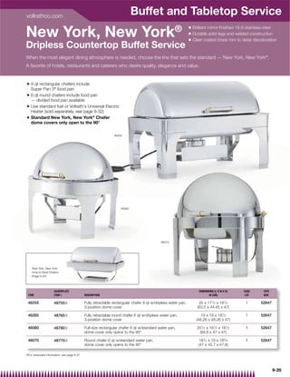 vollrathco.com
                                                                            Buffet and Tabletop Service
                                                                                                     ®          Q

New York, New York
                                                                                                                    Brilliant mirror-ﬁnished 18-8 stainless steel
                                                                                                                Q   Durable solid legs and welded construction
                                                                                                                Q   Clear coated brass trim to deter discoloration
Dripless Countertop Buffet Service
When the most elegant dining atmosphere is needed, choose the line that sets the standard — New York, New York®.
A favorite of hotels, restaurants and caterers who desire quality, elegance and value.


Q   9 qt rectangular chafers include
    Super Pan 3® food pan
Q   6 qt round chafers include food pan
    — divided food pan available
Q   Use standard fuel or Vollrath's Universal Electric
    Heater (sold separately, see page 9-32)
Q   Standard New York, New York® Chafer
    dome covers only open to the 90°

                                                                46255




                                                                    46265




                                                                                             46070




    New York, New York
    Drop-in Style Chafers
    (Page 9-22)




                      SILVERPLATE                                                                                      DIMENSIONS (L X W X H)    CASE     TOTE
 ITEM                 ITEM{                   DESCRIPTION                                                                     IN (CM)             LOT     BOX

 46255                48755{                  Fully retractable rectangular chafer 9 qt w/dripless water pan,          25 x 171⁄ 2 x 181⁄ 2       1      52647
                                              3-position dome cover                                                   (63.5 x 44.45 x 47)

 46265                48765{                  Fully retractable round chafer 6 qt w/dripless water pan,                  19 x 19 x 181⁄ 2         1      52647
                                              3-position dome cover                                                   (48.26 x 48.26 x 47)

 46080                48780{                  Full-size rectangular chafer 9 qt w/standard water pan,                 251⁄ 2 x 181⁄ 2 x 181⁄ 2    1      52647
                                              dome cover only opens to the 90°                                         (64.8 x 47 x 47)

 46070                48770{                  Round chafer 6 qt w/standard water pan,                                  181⁄ 2 x 18 x 183⁄ 4       1      52647
                                              dome cover only opens to the 90°                                         (47 x 45.7 x 47.6)

{For silverplate information, see page 9-37




                                                                                                                                                                 9-20
 