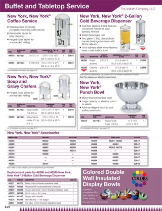 Buffet and Tabletop Service                                                                                                                               The Vollrath Company, LLC

 New York, New York®                                                                           New York, New York® 2-Gallon
 Coffee Service                                                                                Cold Beverage Dispenser
                                                                                               Q   Stainless steel ice tube| features
 Q   Stainless steel to provide
     complete, matching buffet service                                                             convenient handle for easy
                                                                                                   sanitary removal
 Q   Removable faucet for
                                                                                               Q   Keeps beverages cold
     easy cleaning
                                                                                               Q   Two gallon (7.6 L) clear polycar-
 Q   Hinged cover allows for
     one-handed reﬁlling                                                                           bonate beverage container with
                                                                                                   ﬁll line indicator
                                                                                                                                                                                      46285
                                                                                               Q   18-8 stainless steel mirror-ﬁnished
                                                                                                                                                                         46280
              SILVERPLATE          CAPACITY       DIMENSIONS (L X W X H)   CASE    TOTE            base, cover and ice tube
  ITEM        ITEM{               GAL/CUPS/L             IN (CM)            LOT    BOX

  46093       48793{             3/77/11.4        123⁄ 4 x 13 x 193⁄ 4      1     52647                                      CAPACITY         DIMENSIONS (L X W X H) }       CASE      TOTE
                                                                                                ITEM        DESCRIPTION     GAL/CUPS/L                IN (CM)                 LOT      BOX
                                                (32.4 x 33.0 x 50.2)
                                                                                                46280       Brass          2/51/7.6              21 x 8 dia/11                   1    52645
  46094       48794{            5/128/18.9 151⁄ 2 x 161⁄ 2 x 213⁄ 4         1     52647                     accents                          (53.3 x 20.3 dia/27.9)
                                           (39.4 x 41.9 x 55.2)
                                                                                                46285       Chrome         2/51/7.6              21 x 8 dia/11                   1    52645
 {For silverplate information, see page 9-37                                                                accents                          (53.3 x 20.3 dia/27.9)
                                                                                               |For maximum performance, use crushed ice in ice cylinder. } Dimensions at faucet
 New York, New York®                                                                           Note: See replacement parts information below


 Soup and                                                                                      New York,
 Gravy Chafers                                                                                 New York®
 Q   Hinged cover allows for                                                                   Punch Bowl
     one-handed reﬁlling                                         46090
                                                                                               Q   Mirror-ﬁnished stainless steel
                                     46095
                                                                                               Q   Large capacity — ideal for punch
              SILVERPLATE                              DIMENSIONS          CASE    TOTE            or salads
  ITEM        ITEM{       DESCRIPTION                    IN (CM)            LOT    BOX
                                                                                               Q   Adds an elegant touch to your
  46090       48790{ Soup chafer                123⁄ 4 x 101⁄ 4 x 193⁄ 4    1     52645            buffet presentation
                     7 qt (6.6 L)               (32.4 x 26.0 x 50.2)
                                                                                                                 SILVERPLATE                                       DIMENSIONS           CASE
  46095       48795{ Gravy/sauce                  123⁄ 4 x 101⁄ 4 x 15      1     52648         ITEM             ITEM{             DESCRIPTION                       IN (CM)             LOT

                     chafer 21⁄ 2 qt            (32.4 x 26.0 x 38.1)                            46072            48772{            Punch bowl,                    17 x 111⁄ 2            1
                     (2.4 L)                                                                                                       5-gal (18.9 L)               (43.2 x 29.2)
 {For silverplate information, see page 9-37                                                   {For silverplate information, see page 9-37


 New York, New York® Accessories
  CHAFER ITEM                                     FOOD PAN                         WATER PAN                 FUEL HOLDER                     DOME COVER                    TOTE BOX

  46255                                           90022                            46259                       46864                     46261, 46263                       52647
  46080                                           90022                            46082                       46864                          46084                         52647
  46265                                           46862                            46269                       46864                     46262, 46276                       52647
  46070                                           46862                            46073                       46864                             —                          52647
  46090                                           46088                               —                        46864                          46089                         52645
  46093                                              —                                —                        46864                          46089                         52647
  46094                                              —                                —                        46864                          46087                         52647
  46095                                           46104                               —                        46864                          46089                         52648
 Note: Refer to www.vollrathco.com for replacement part information


 Replacement parts for 46280 and 46285 New York,
 New York® 2-Gallon Cold Beverage Dispenser
                                                                                                   Colored Double
  S/S           CHROME      DESCRIPTION                                             CASE LOT       Wall Insulated
  46271
  46830
               46271
               46830
                            Base, mirror-finished stainless steel
                            Replacement polycarbonate container
                                                                                          1
                                                                                          1
                                                                                                   Display Bowls
  46272        46283        Cover and knob, mirror-finished stainless steel               1         A perfect
  46273        46284        Knob only — for cover                                         1         complement for
  46274       46287         Spigot with handle                                            1         your tabletop or
                                                                                                    buffet setting.
  46275       46288         Handle only — for spigot                                      1
                                                                                                   See pages 9-43 for more information
  46831       46381         Ice tube, mirror-finished stainless steel                     1
9-21
 -21
 