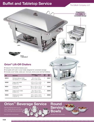 Buffet and Tabletop Service                                                                                                      The Vollrath Company, LLC


                                                                                                                                        Integral dome
                                                                                                                                       cover holder for
                                                                                                                                      convenient storage




                                46518




 Orion® Lift-Off Chafers
                                                                                                                                           46500
 Q   Feature mirror-ﬁnished dripless pans
 Q   Complete with built-in cover holder designed for convenient storage
 Q   Includes cover holder, water pan, food pan, dome cover and fuel holder(s)
                                                  DIMENSIONS (L X W X H)     CASE    TOTE
  ITEM              DESCRIPTION                          IN (CM)              LOT    BOX

  46518             Full size oblong chafer         27 x 14 x 131⁄ 2          1     52647
                    9.0 qt (8.6 L) — complete     (67.5 x 35 x 33.8)

  46500             Large oval chafer            213⁄ 4 x 171⁄ 2 x 133⁄ 8     1     52645
                    6 qt (5.7 L)                  (55.2 x 44.5 x 34)

  46501             Small oval chafer           181⁄ 2 x 151⁄ 4 x 1211⁄ 16    1     52645
                    4 qt (3.8 L)                 (47.0 x 38.7 x 32.2)                                                 46502


  46502             Large round chafer            19 x 191⁄ 4 x 131⁄ 2        1     52646
                    6 qt (5.7 L)                (48.3 x 48.9 x 34.3)

  46503             Small round chafer          151⁄ 2 x 151⁄ 2 x 121⁄ 2      1     52646
                    4 qt (3.8 L)                (39.4 x 39.4 x 31.9)




 Orion™ Beverage Service                                                                    Round
 Add the ﬁnishing touch to your
 Orion® Buffet Service with this ﬁne
                                                                                            Serving
 line of beverage service products
                                                                                            Bowls
 See page 9-59 for more information                                                         See page 9-49 for more information




9-25
 