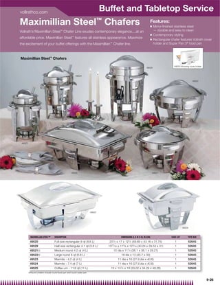 vollrathco.com
                                                                             Buffet and Tabletop Service
Maximillian Steel™ Chafers                                                                                              Features:
                                                                                                                        Q    Mirror-ﬁnished stainless steel
                                        ™
Vollrath’s Maximillian Steel Chafer Line exudes contemporary elegance....at an                                               — durable and easy to clean
                                                                                                                        Q    Contemporary styling
affordable price. Maximillian Steel™ features all stainless appearance. Maximize                                        Q    Rectangular chafer features Vollrath cover
the excitement of your buffet offerings with the Maximillian Chafer line.       ™                                            holder and Super Pan 3® food pan



Maximillian Steel™ Chafers

                                                                                                                                            49520 Showing cover holder
                                                                                                                     49525


                                                       49524

                                                                                                                                                             49522




 49523




                                                  49520                                                                     49521




                                                                     49520




                                                                                                                                                     49529



          MAXIMILLIAN STEEL™      DESCRIPTION                                             DIMENSIONS (L X W X H): IN (CM)                 CASE LOT       TOTE BOX

          49520                   Full-size rectangular 9 qt (8.6 L)            231⁄ 2 x 17 x 121⁄ 2 (59.69 x 43.18 x 31.75)                 1           52645
          49529                   Half-size rectangular 4.1 qt (3.8 L)         1527⁄ 32 x 115⁄ 8 x 123⁄ 16 (40.24 x 29.53 x 31)              1           52645
          49521{                  Medium round 4.2 qt (4 L)                         15 dia x 111⁄ 2 (38.1 x 38.1 x 29.21)                    1           52645
          49522{                  Large round 6 qt (5.8 L)                                18 dia x 13 (45.7 x 33)                            1           52645
          49523                   Marmite - 4.2 qt (4 L)                               11 dia x 16 (27.9 dia x 40.6)                         1           52645
          49524                   Marmite - 7.4 qt (7 L)                               11 dia x 16 (27.9 dia x 40.6)                         1           52645
          49525                   Coffee urn - 11.6 qt (11 L)                    13 x 131⁄ 2 x 19 (33.02 x 34.29 x 48.26)                    1           52645
         {Round chafers include round food pan and round water pan


                                                                                                                                                                         9-26
 