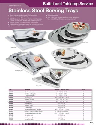 vollrathco.com
                                                                            Buffet and Tabletop Service
Stainless Steel Serving Trays
Q   Heavy-gauge stainless steel – highly resistant                           Q   Dishwasher safe
    to corrosion, pitting, and rusting                                       Q   Oval trays have integral handles and triangular trays
Q   Satin-ﬁnished rim and mirror-ﬁnished interior creates                        have raised ﬂange for safer carrying  comfort
    a visual contrast that accentuates the food product
Q   Integral handles for safer carrying and comfort
Q   Contemporary geometric styling ﬁts a variety of decors




                                                                                                                                                 Round Trays



      Square Trays




                                                                                                                                  Oval Trays
                Rectangular Trays




                                                         Triangular Trays



    ITEM                            DESCRIPTION                                             DIMENSIONS (L X W OR DIA): IN (CM)                 CASE LOT

    82093                           Small rectangular                                           12 x 9 (30.5 x 22.9)                              3
    82094                           Medium rectangular                                         18 x 10 (45.7 x 25.4)                              3
    82095                           Large rectangular                                          21 x 12 (53.3 x 30.5)                              3
    82090                           Small square                                            113⁄ 4 x 113⁄ 4 (29.8 x 29.8)                         3
    82091                           Medium square                                             153⁄ 4 x 153⁄ 4 (40 x 40)                           3
    82092                           Large square                                              181⁄ 2 x 181⁄ 2 (47 x 47)                           3
    82096                           Small round                                                     12 (30.5) dia                                 3
    82097                           Medium round                                                    14 (35.5) dia                                 3
    82098                           Large round                                                     16 (40.6) dia                                 3
    82060                           Small oval w/integral handles                           143⁄ 4 x 107⁄ 8 (37.5 x 27.6)                         3
    82061                           Medium oval w/integral handles                           175⁄ 8 x 13 (44.8 x 33.0)                            3
    82062                           Large oval w/integral handles                           211⁄ 8 x 151⁄ 2 (53.7 x 39.4)                         3
    82066                           Small triangular                                                13 (33.0) dia                                 3
    82067                           Medium triangular                                               15 (38.1) dia                                 3
    82068                           Large triangular                                                17 (43.2) dia                                 3

                                                                                                                                                               9-34
 