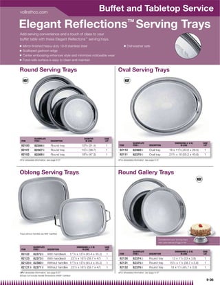 vollrathco.com
                                                                              Buffet and Tabletop Service
Elegant Reﬂections™ Serving Trays
Add serving convenience and a touch of class to your
buffet table with these Elegant Reﬂections™ serving trays.
Q   Mirror-ﬁnished heavy-duty 18-8 stainless steel                                             Q   Dishwasher safe
Q   Scalloped gadroon edge
Q   Center embossing enhances style and minimizes noticeable wear
Q   Food-safe surface is easy to clean and maintain


Round Serving Trays                                                                      Oval Serving Trays




               SILVERPLATE                                      DIAMETER          CASE
 ITEM          ITEM{            DESCRIPTION                      IN (CM)           LOT
                                                                                                        SILVERPLATE                                DIMENSIONS (L X W)       CASE
 82100         82366{           Round tray                   123⁄ 8 (31.4)         1      ITEM          ITEM{            DESCRIPTION                    IN (CM)              LOT

 82101         82367{           Round tray                   151⁄ 4 (38.7)         1      82110         82369{           Oval tray           16 x 115⁄ 8 (40.6 x 29.5)       1
 82102         82368{           Round tray                   185⁄ 8 (47.3)         1      82111         82370{           Oval tray           213⁄ 4 x 16 (55.2 x 40.6)       1
{For silverplate information, see page 9-37                                              {For silverplate information, see page 9-37




Oblong Serving Trays                                                                     Round Gallery Trays




Trays without handles are NSF Certiﬁed

                                                                                                                                   Complement your serving trays
                                                                                                                                   with cake stands! (Page 9-49)

              SILVERPLATE                                DIMENSIONS (L X W)       CASE
 ITEM         ITEM{          DESCRIPTION                      IN (CM)              LOT
                                                                                                        SILVERPLATE                                DIMENSIONS (L X W)       CASE
 82122        82372{         With handles|      177⁄ 8 x 137⁄ 8 (45.4 x 35.2)      1      ITEM          ITEM{            DESCRIPTION                    IN (CM)              LOT

 82123        82373{         With handles|    231⁄ 2 x 181⁄ 2 (59.7 x 47)          1      82130         82374{           Round tray             13 x 11⁄ 2 (33 x 3.8)        1
 82120} 82380{               Without handles 177⁄ 8 x 137⁄ 8 (45.4 x 35.2)         1      82131         82375{           Round tray           151⁄ 4 x 11⁄ 2 (38.7 x 3.8)    1
 82121} 82371{               Without handles        231⁄ 2 x 181⁄ 2 (59.7 x 47)    1      82132         82376{           Round tray            18 x 11⁄ 2 (45.7 x 3.8)       1
{For silverplate information, see page 9-37                                              {For silverplate information, see page 9-37
|Does not include handle dimensions }NSF Certiﬁed

                                                                                                                                                                                 9-36
 