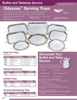 Buffet and Tabletop Service                                                                                                           The Vollrath Company, LLC


  Odyssey™ Serving Trays
  These value priced trays complement casual or formal banquet applications
  and are ideal for catered events. Various styles to meet your serving needs.
  Q    Tough chrome plating provides long life                  Q   Premium product at an economy price
                                                                                                                             {Not dishwasher safe. Recommend
  Q    Mirror-ﬁnish                                             Q   Handwash only{                                           cleaning with sponge, mild detergent, and
  Q    Surface safe for direct food contact                                                                                  warm water




                                                                                                                                                                 47263

        47266                                                       47267




                                                                                                                                                             47261

       47260



                                                                                 47265

                  47264                                                                                                                                  47262




 Gold Trim Trays
 Q    24K gold trim
                                           DIMENSIONS (L X W)           CASE
                                                                                         Silverplate Your
  ITEM

  47260
                 DESCRIPTION

                 Rectangular tray
                                                IN (CM)

                                    181⁄ 4 x 1213⁄ 64 (46.3 x 31.3)
                                                                         LOT

                                                                            6
                                                                                         Buffet and Table
  47266
  47264
                 Rectangular tray
                 Oval tray
                                       191⁄ 2 x 14 (50 x 35.5)
                                       133⁄ 4 x 10 (35 x 25.5)
                                                                            6
                                                                            12
                                                                                         Service
  47265          Oval tray              181⁄ 8 x 13 (46 x 33)               12           Vollrath offers silverplating as an optional ﬁnish on
                                                                                         many popular pieces of buffetware and table service.
                                                                                         Refer to speciﬁc product pages for item numbers:
 Classic Round Tray
                                            DIMENSIONS (DIA)            CASE
  ITEM           DESCRIPTION                    IN (CM)                  LOT

  47262          Round tray                   14 (35.7)                     6



 8-Sided Trays                                                                           Q   Normal order procedure is 35 day lead time
                                           DIMENSIONS (L X W)           CASE             Q   Minimum order quantity is one — ideal for ordering samples or
  ITEM           DESCRIPTION                    IN (CM)                  LOT                 small quantities
  47261          8-sided tray         171⁄ 8 x 10 (43.5 x 25.5)             6            Q   3 micron, 99.9% pure Silverplate
                                               3
  47263          8-sided tray         20 x 13 ⁄ 4 (50.5 x 34.5)             6
                                                                                         Q   Silverplate provides extremely durable plating with average life of 5
                                                                                             to 10 years

 Victorian Rectangular Tray                                                              Q   Easy maintenance against tarnishing
                                                                                         Q   All sales on silverplated items are ﬁnal – cannot be cancelled
                                           DIMENSIONS (L X W)           CASE
  ITEM           DESCRIPTION                    IN (CM)                  LOT
                                                                                             or returned
                                                                                         Q   Items can be re-plated by Vollrath on a special order basis
  47267          Rectangular tray      213⁄ 4 x 15 (55.3 x 38)              6

9-37
 