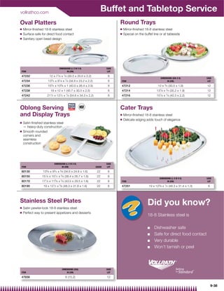 vollrathco.com
                                                                        Buffet and Tabletop Service
Oval Platters                                                                    Round Trays
Q   Mirror-ﬁnished 18-8 stainless steel                                          Q   Mirror-ﬁnished 18-8 stainless steel
Q   Surface safe for direct food contact                                         Q   Special on the buffet line or at tableside
Q   Sanitary open bead design




                                  DIMENSIONS (L X W X H)                  CASE
ITEM                                     IN (CM)                           LOT

47232                   12 x 71⁄ 8 x 7⁄ 8 (30.5 x 20.0 x 2.2)              6
                                                                                                                  DIMENSIONS (DIA X H)           CASE
                         3       1      7
47234                 13 ⁄ 4 x 9 ⁄ 8 x ⁄ 8 (34.9 x 23.2 x 2.2)             6     ITEM                                   IN (CM)                   LOT

47236                 153⁄ 4 x 103⁄ 8 x 1 (40.0 x 26.4 x 2.5)              6     47212                          12 x 3⁄ 4 (30.5 x 1.9)           12
47238                    18 x 12 x 1 (45.7 x 30.5 x 2.5)                   6     47214                        137⁄ 8 x 3⁄ 4 (35.2 x 1.9)         12
47242                211⁄ 2 x 131⁄ 2 x 7⁄ 8 (54.6 x 34.3 x 2.2)            6     47216                        157⁄ 8 x 7⁄ 8 (40.3 x 2.2)         12



Oblong Serving                                                                   Cater Trays
and Display Trays                                                                Q   Mirror-ﬁnished 18-8 stainless steel
                                                                                 Q   Delicate edging adds touch of elegance
Q   Satin-ﬁnished stainless steel
    — heavy-duty construction
Q   Smooth rounded
    corners and
    seamless
    construction




                             DIMENSIONS (L X W X H)                       CASE
ITEM                                IN (CM)                       GAUGE    LOT

80130             135⁄ 8 x 93⁄ 4 x 5⁄ 8 (34.6 x 24.8 x 1.6)        22      6
80150            151⁄ 8 x 101⁄ 2 x 5⁄ 8 (38.4 x 26.7 x 1.6)        22      6
                                                                                                                 DIMENSIONS (L X W X H)          CASE
80170            171⁄ 8 x 115⁄ 8 x 5⁄ 8 (43.5 x 29.5 x 1.6)        22      6     ITEM                                   IN (CM)                   LOT

80190             19 x 121⁄ 2 x 5⁄ 8 (48.3 x 31.8 x 1.6)           22      6     47251                  19 x 123⁄ 8 x 1⁄ 2 (48.3 x 31.4 x 1.3)    6




Stainless Steel Plates                                                                                 Did you know?
Q   Satin pewter-look 18-8 stainless steel
Q   Perfect way to present appetizers and desserts
                                                                                                       18-8 Stainless steel is

                                                                                                       Q    Dishwasher safe
                                                                                                       Q    Safe for direct food contact
                                                                                                       Q    Very durable
                                                                                                       Q    Won’t tarnish or peel



                                     DIMENSIONS (DIA)                     CASE
ITEM                                     IN (CM)                           LOT

47656                                   6 (15.2)                          12

                                                                                                                                                      9-38
 