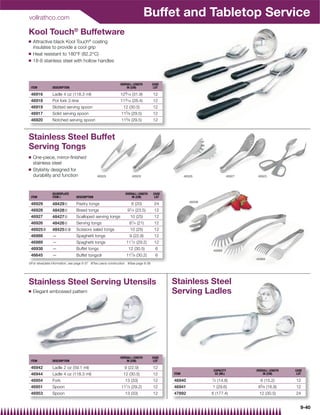 vollrathco.com
                                                                                 Buffet and Tabletop Service
Kool Touch® Buffetware
Q   Attractive black Kool Touch® coating
    insulates to provide a cool grip
Q   Heat resistant to 180°F (82.2°C)
Q   18-8 stainless steel with hollow handles



                                                             OVERALL LENGTH          CASE
 ITEM          DESCRIPTION                                       IN (CM)              LOT

 46916         Ladle 4 oz (118.3 ml)                         129⁄ 16 (31.9)          12
 46918         Pot fork 2-tine                               113⁄ 16 (28.4)          12
 46919         Slotted serving spoon                           12 (30.5)             12
 46917         Solid serving spoon                            115⁄ 8 (29.5)          12
 46920         Notched serving spoon                          115⁄ 8 (29.5)          12



Stainless Steel Buffet
Serving Tongs
Q   One-piece, mirror-ﬁnished
    stainless steel
Q   Stylishly designed for
    durability and function                   46929                     46928                      46926               46927    46925




               SILVERPLATE                                       OVERALL LENGTH      CASE
 ITEM          ITEM{            DESCRIPTION                          IN (CM)          LOT
                                                                                                      46938
 46929         48429{           Pastry tongs                           8 (20)         24
 46928         48428{           Bread tongs                       91⁄ 4 (23.5)        12
 46927         48427{           Scalloped serving tongs                10 (25)        12
 46926         48426{           Serving tongs                      81⁄ 4 (21)         12
 46925|        48425{|          Scissors salad tongs                   10 (25)        12
 46988         —                Spaghetti tongs                    9 (22.9)           12
 46989         —                Spaghetti tongs                  111⁄ 2 (29.2)        12
 46938         —                Buffet tongs                       12 (30.5)           6                      46989
                                                                       7
 46645         —                Buffet tongs}                    11 ⁄ 8 (30.2)         6
                                                                                                                               46988
{For silverplate information, see page 9-37 |Two piece construction }See page 9-39




Stainless Steel Serving Utensils                                                            Stainless Steel
Q   Elegant embossed pattern                                                                Serving Ladles




                                                             OVERALL LENGTH          CASE
 ITEM          DESCRIPTION                                       IN (CM)              LOT

 46942         Ladle 2 oz (59.1 ml)                             9 (22.9)             12
                                                                                                               CAPACITY        OVERALL LENGTH   CASE
 46944         Ladle 4 oz (118.3 ml)                           12 (30.5)             12     ITEM                OZ (ML)            IN (CM)       LOT
                                                                                                              1
 46954         Fork                                             13 (33)              12     46940              ⁄ 2 (14.8)        6 (15.2)       12
 46951         Spoon                                          111⁄ 2   (29.2)        12     46941             1 (29.6)          65⁄ 8 (16.8)    12
 46953         Spoon                                            13 (33)              12     47892             6 (177.4)         12 (30.5)       24


                                                                                                                                                   9-40
 