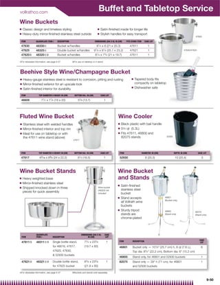 vollrathco.com
                                                                                  Buffet and Tabletop Service
Wine Buckets
Q    Classic design and timeless styling                                         Q   Satin-ﬁnished inside for longer life
Q    Heavy-duty mirror-ﬁnished stainless steel outside                           Q   Stylish handles for easy transport
                                                                                                                                                                                    47620

 ITEM            SILVERPLATE ITEM{     DESCRIPTION                            DIMENSIONS (DIA X H): IN (CM)      FITS STAND ITEM     CASE LOT

 47630           48330{                Bucket w/handles                         81⁄ 4 x 8 (21 x 20.3)               47611                1
 47625           48325{                Double bucket w/handles                97⁄ 8 x 91⁄ 8 (25.1 x 23.2)           47621                1                                47630/47625

 47620|          48320{|               Bucket w/handles                        81⁄ 4 x 73⁄ 4 (21 x 19.7)            47611                1

{For silverplate information, see page 9-37          |For use on tabletop or in stand




Beehive Style Wine/Champagne Bucket
Q    Heavy-gauge stainless steel is resistant to corrosion, pitting and rusting                                       Q   Tapered body ﬁts
Q    Mirror-ﬁnished exterior for an upscale look                                                                          compactly on tabletop
                                                                                                                      Q   Dishwasher safe
Q    Satin-ﬁnished interior for durability
 ITEM               TOP DIAMETER X HEIGHT: IN (CM)     BOTTOM DIA.: IN (CM)          CASE LOT

 46609                71⁄ 2 x 77⁄ 8 (19 x 20)             53⁄ 8 (13.7)                  1




Fluted Wine Bucket                                                                                    Wine Cooler
Q    Stainless steel with welded handles                                                              Q    Black plastic with bail handle
Q    Mirror-ﬁnished interior and top rim                                                              Q    53⁄4 qt (5.3L)
Q    Ideal for use on tabletop or with                                                                Q    Fits 47611, 46800 and
     the 47611 wine stand (above)                                                                          82075 stands                                 52930
                                                      47617




 ITEM               TOP DIAMETER X HEIGHT: IN (CM)     BOTTOM DIA.: IN (CM)          CASE LOT             ITEM                     DIAMETER: IN (CM)            DEPTH: IN (CM)          CASE LOT

 47617              97⁄ 16 x 83⁄ 4 (24 x 22.2)            61⁄ 2 (16.5)                  1                 52930                       8 (20.3)                   10 (25.4)                 3



Wine Bucket Stands                                                                                    Wine Bucket
Q    Heavy weighted base                                                                              and Stands
Q    Mirror-ﬁnished stainless steel
                                                                                                      Q    Satin-ﬁnished
Q    Shipped knocked down in three                                                Wine bucket
                                                                                  (48320) not              stainless steel
     pieces for quick assembly                                                    included                 bucket
                                                                                                      Q    Stand accepts                               46801
                                                                                                                                                       (Bucket only)
                                                                                                           all Vollrath wine
                                                                                                           buckets
                                                                                                      Q    Sturdy tripod                               46800                       82075
                                                                                                           stands are                                  (Stand only)                (Stand only)
                                                                                                           chrome-plated




                 SILVERPLATE                                  DIMENSIONS (DIA X H):     CASE
    ITEM         ITEM{            DESCRIPTION                       IN (CM)              LOT
                                                                                                                                                                                         CASE
    47611}       48311{}          Single bottle stand,           73⁄ 4 x 235⁄ 8             1           ITEM           DESCRIPTION                                                        LOT
                                  for 46616, 47617,              (19.7 x 60)                            46801          Bucket only — 101⁄ 8 (25.7 cm) h, 8 qt (7.6 L),                   6
                                  47620, 47630,                                                                        Top dia: 83⁄ 4 (22.2 cm), Bottom dia: 6 (15.2 cm)
                                   52930 buckets
                                                                                                        46800          Stand only, for 46801 and 52930 buckets                            1
    47621}       48321{}          Double bottle stand,           85⁄ 8 x 235⁄ 8             1           82075          Stand only — 28 h (71 cm), for 46801                              1
                                  for 47625 bucket               (21.9 x 60)                                           and 52930 buckets

{For silverplate information, see page 9-37          }Buckets and stands sold separately


                                                                                                                                                                                                   9-50
 