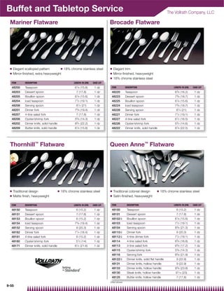 Buffet and Tabletop Service                                                                                                           The Vollrath Company, LLC

 Mariner Flatware                                                                     Brocade Flatware




 Q   Elegant scalloped pattern        Q 18% chrome stainless steel                    Q   Elegant trim
 Q   Mirror-ﬁnished, extra heavyweight                                                Q   Mirror-ﬁnished, heavyweight
                                                                                      Q   18% chrome stainless steel
  ITEM       DESCRIPTION                              LENGTH: IN (CM)      CASE LOT

  48200      Teaspoon                                  61⁄ 8 (15.6)         1 dz       ITEM        DESCRIPTION                            LENGTH: IN (CM)   CASE LOT

  48203      Dessert spoon                              7 (17.8)            1 dz       48220       Teaspoon                                63⁄ 8 (16.2)      1 dz
  48205      Bouillon spoon                            61⁄ 8 (15.6)         1 dz       48223       Dessert spoon                           73⁄ 8 (18.7)      1 dz
  48204      Iced teaspoon                             71⁄ 2 (19.1)         1 dz       48225       Bouillon spoon                          61⁄ 8 (15.6)      1 dz
  48208      Serving spoon                              81⁄ 4 (21)          1 dz       48224       Iced teaspoon                           73⁄ 8 (18.7)      1 dz
  48201      Dinner fork                               75⁄ 8 (19.4)         1 dz       48228       Serving spoon                            81⁄ 4 (21)       1 dz
  48207      4-tine salad fork                          7 (17.8)            1 dz       48221       Dinner fork                             71⁄ 2 (19.1)      1 dz
  48206      Oyster/shrimp fork                        55⁄ 8 (14.3)         1 dz       48227       4-tine salad fork                       61⁄ 2 (16.5)      1 dz
  48202      Dinner knife, solid handle                83⁄ 4 (22.2)         1 dz       48226       Oyster/shrimp fork                      53⁄ 4 (14.6)      1 dz
  48209      Butter knife, solid handle                61⁄ 8 (15.6)         1 dz       48222       Dinner knife, solid handle              87⁄ 8 (22.5)      1 dz




 Thornhill™ Flatware                                                                  Queen Anne™ Flatware




 Q   Traditional design                   Q   18% chrome stainless steel              Q   Traditional colonial design        Q   18% chrome stainless steel
 Q   Matte ﬁnish, heavyweight                                                         Q   Satin-ﬁnished, heavyweight

  ITEM       DESCRIPTION                              LENGTH: IN (CM)      CASE LOT    ITEM         DESCRIPTION                           LENGTH: IN (CM)   CASE LOT

  48150      Teaspoon                                   6 (15.2)            1 dz       48100        Teaspoon                                6 (15.2)         1 dz
  48151      Dessert spoon                              7 (17.8)            1 dz       48101        Dessert spoon                           7 (17.8)         1 dz
  48153      Bouillon spoon                             6 (15.2)            1 dz       48102{       Bouillon spoon                         61⁄ 8 (15.6)      1 dz
  48154      Iced teaspoon                             75⁄ 8 (19.4)         1 dz       48103        Iced teaspoon                          71⁄ 2 (19.1)      1 dz
  48152      Serving spoon                              8 (20.3)            1 dz       48104        Serving spoon                          83⁄ 8 (21.3)      1 dz
  48162      Dinner fork                               71⁄ 4 (18.4)         1 dz       48110{       Dinner fork                             8 (20.3)         1 dz
  48161      4-tine salad fork                          6 (15.2)            1 dz       48112{       4-tine dinner fork                     71⁄ 2 (19.1)      1 dz
  48160      Oyster/shrimp fork                         51⁄ 2 (14)          1 dz       48114        4-tine salad fork                      65⁄ 8 (16.8)      1 dz
  48171      Dinner knife, solid handle                8   1⁄ 2   (21.6)    1 dz       48113        3-tine salad fork                      65⁄ 8 (17.2)      1 dz
                                                                                       48115        Oyster/shrimp fork                     55⁄ 8 (14.3)      1 dz
                                                                                       48116        Serving fork                           85⁄ 8   (21.9)    1 dz
                                                                                       48122{       Dinner knife, solid flat handle         9 (22.9)         1 dz
                                                                                       48131        Dinner knife, hollow handle             9 (22.9)         1 dz
                                                                                       48133        Dinner knife, hollow handle            93⁄ 8 (23.8)      1 dz
                                                                                       48130        Steak knife, hollow handle             91⁄ 16 (23)       1 dz
                                                                                       48125        Butter knife, hollow handle             7 (17.8)         1 dz
                                                                                      {Not shown
9-55
 
