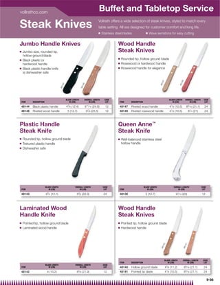 vollrathco.com
                                                                                       Buffet and Tabletop Service
Steak Knives                                                                           Vollrath offers a wide selection of steak knives, styled to match every
                                                                                       table setting. All are designed for customer comfort and long life.
                                                                                       Q   Stainless steel blades                 Q   Wave serrations for easy cutting


Jumbo Handle Knives                                                                                    Wood Handle
Q   Jumbo size, rounded tip,                                                                           Steak Knives
    hollow ground blade
                                                                                                       Q   Rounded tip, hollow ground blade
Q   Black plastic or
    hardwood handle                                                                                    Q   Rosewood or hardwood handle
Q   Black plastic handle knife                                                                         Q   Rosewood handle for elegance
    is dishwasher safe




                                                                                                                                                                         49
                                                                                                                                                  47




                                                                                                                                                                      481
                                                                                                                                               481
                                                                  48
                                           44




                                                               481
                                        481




                                                BLADE LENGTH       OVERALL LENGTH            CASE                                                           BLADE LENGTH       OVERALL LENGTH      CASE
ITEM       DESCRIPTION                             IN (CM)             IN (CM)                LOT       ITEM      DESCRIPTION                                  IN (CM)             IN (CM)          LOT

48144      Black plastic handle                 47⁄ 8 (12.4)           911⁄ 16 (24.6)         12        48147     Riveted wood handle                       41⁄ 8 (10.5)         85⁄ 16 (21.1)     24
48148      Riveted wood handle                   5 (12.7)               97⁄ 8 (25.5)          12        48149     Riveted rosewood handle                   41⁄ 8 (10.5)           81⁄ 4 (21)      24



Plastic Handle                                                                                         Queen Anne™
Steak Knife                                                                                            Steak Knife
Q   Rounded tip, hollow ground blade                                                                   Q   Well-balanced stainless steel
Q   Textured plastic handle                                                                                hollow handle
Q   Dishwasher safe




                         BLADE LENGTH                   OVERALL LENGTH                      CASE                                BLADE LENGTH                    OVERALL LENGTH                   CASE
ITEM                        IN (CM)                         IN (CM)                          LOT        ITEM                       IN (CM)                          IN (CM)                       LOT

48143                    43⁄ 4 (12.1)                     83⁄ 4 (22.3)                      24          48130                    5 (12.7)                         91⁄ 16 (23)                    12




Laminated Wood                                                                                         Wood Handle
Handle Knife                                                                                           Steak Knives
Q   Pointed tip, hollow ground blade                                                                   Q   Pointed tip, hollow ground blade
Q   Laminated wood handle                                                                              Q   Hardwood handle
                                                                                                                                                                              41
                                                                                                                                                  40




                                                                                                                                                                           481
                                                                                                                                                481




                                                                                                                                                       BLADE LENGTH        OVERALL LENGTH         CASE
                                                                                                        ITEM      DESCRIPTION                             IN (CM)              IN (CM)             LOT
                         BLADE LENGTH                   OVERALL LENGTH                      CASE
ITEM                        IN (CM)                         IN (CM)                          LOT        48140     Hollow ground blade                  43⁄ 8 (11.2)           85⁄ 16 (21.1)        24
                                                                                                                                                        1
48142                     4 (10.2)                        85⁄ 8   (21.9)                    12          48141     Pointed tip blade                    4 ⁄ 8 (10.5)           85⁄ 16 (21.1)        24

                                                                                                                                                                                                        9-56
 