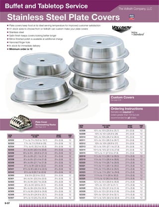 Buffet and Tabletop Service                                                                                               The Vollrath Company, LLC


 Stainless Steel Plate Covers
 Q   Plate covers keep food at its ideal serving temperature for improved customer satisfaction
 Q   41 stock sizes to choose from or Vollrath can custom make your plate covers
 Q   Stainless steel
 Q   Satin-ﬁnish keeps covers looking better longer
 Q   Mirror-ﬁnished polish is available at additional charge
 Q   Hemmed ﬁnger hole
 Q   In stock for immediate delivery
 Q   Minimum order is 12




                                                                                                                 Custom Covers
                                                                                                                 See page 9-58




                                                                                                                 Ordering Instructions
                                                                                                                 Samples are required for
                                                                                                                 orders greater than 144 but are
                                                                                                                 recommended for all orders.

                                  Plate Cover
                                  Warewashing Racks                       SATIN                    FITS PLATES                     HEIGHT          CASE
                                  See Page 10-9                           ITEM                        IN (CM)                      IN (CM)          LOT

                                                                          62308         101⁄16 to 101⁄8 (25.6 to 25.7)           25⁄16 (5.9)       12
                                                                          62309          10 ⁄ to 10 ⁄ (25.9 to 26)
                                                                                            3 16      14                         25⁄16 (5.9)       12
  SATIN                     FITS PLATES               HEIGHT    CASE
  ITEM                         IN (CM)                IN (CM)    LOT      62310         105⁄16 to 103⁄8 (26.2 to 26.4)           25⁄16 (5.9)       12
  62332           711⁄16 to 73⁄4 (19.5 to 19.7)   25⁄16 (5.9)   12        62311         107⁄16 to 101⁄2 (26.5 to 26.7)           25⁄16 (5.9)       12
  62333            713⁄16 to 77⁄8 (19.8 to 20)    25⁄16 (5.9)   12        62312          109⁄16 to 105⁄8 (26.8 to 27)            25⁄16 (5.9)       12
  62334            715⁄16 to 8 ( 20.2 to 20.3)    25⁄16 (5.9)   12        62313         1011⁄16 to 103⁄4 (27.1 to 27.3)          25⁄16 (5.9)       12
  62335            81⁄16 to 81⁄8 (20.4 to 20.6)   25⁄16 (5.9)   12        62314         1013⁄16 to 107⁄8 (27.5 to 27.6)          25⁄16 (5.9)       12
  62336           83⁄16 to 81⁄4 (20.8 to 21.0)    25⁄16 (5.9)   12        62315          1015⁄16 to 11 (27.8 to 27.9)            25⁄16 (5.9)       12
  62337            85⁄16 to 83⁄8 (21.1 to 21.3)   25⁄16 (5.9)   12        62318         111⁄16 to 111⁄8 (28.1 to 28.3)           213⁄16 (5.9)      12
  62338            87⁄16 to 81⁄2 (21.4 to 21.6)   25⁄16 (5.9)   12        62319         113⁄16 to 111⁄4 (28.4 to 28.6)           213⁄16 (5.9)      12
  62339            8 ⁄ to 8 ⁄ (21.7 to 21.9)
                    9 16    58                    2 ⁄ (5.9)
                                                      5 16      12        62320         11 ⁄ to 11 ⁄ (28.7 to 28.9)
                                                                                           5 16      38                          213⁄16 (5.9)      12
  62340            811⁄16 to 83⁄4 (22 to 22.2)    25⁄16 (5.9)   12        62321         117⁄16 to 111⁄2 (29.1 to 29.2)           213⁄16 (5.9)      12
  62341           813⁄16 to 87⁄8 (22.4 to 22.5)   25⁄16 (5.9)   12        62322         119⁄16 to 115⁄8 (29.4 to 29.5)           213⁄16 (5.9)      12
  62342            815⁄16 to 9 (22.7 to 22.9)     25⁄16 (5.9)   12        62323         1111⁄16 to 113⁄4 (29.7 to 29.8)          213⁄16 (5.9)      12
  62300             9 to 91⁄8 (22.9 to 23.2)      25⁄16 (5.9)   12        62324          1113⁄16 to 117⁄8 (30 to 30.2)           213⁄16 (5.9)      12
  62301            93⁄16 to 91⁄4 (23.3 to 23.5)   25⁄16 (5.9)   12        62325          1115⁄16 to 12 (30.3 to 30.5)            213⁄16 (5.9)      12
  62302            95⁄16 to 93⁄8 (23.7 to 23.8)   25⁄16 (5.9)   12        62326         121⁄16 to 121⁄8 (30.6 to 30.8)           213⁄16 (5.9)      12
  62303             97⁄16 to 91⁄2 (24 to 24.1)    25⁄16 (5.9)   12        62327          123⁄16 to 121⁄4 (31 to 31.1)            213⁄16 (5.9)      12
  62304            99⁄16 to 95⁄8 (24.3 to 24.4)   25⁄16 (5.9)   12        62328         125⁄16 to 123⁄8 (31.3 to 31.4)           213⁄16 (5.9)      12
  62305           911⁄16 to 93⁄4 (24.6 to 24.8)   25⁄16 (5.9)   12        62329         127⁄16 to 121⁄2 (31.6 to 31.8)           213⁄16 (5.9)      12
  62306           913⁄16 to 97⁄8 (24.9 to 25.1)   25⁄16 (5.9)   12        62330         129⁄16 to 125⁄8 (31.9 to 32.1)           213⁄16 (5.9)      12
  62307            915⁄16 to 10 (25.2 to 25.4)    25⁄16 (5.9)   12        62331         1211⁄16 to 123⁄4 (32.2 to 32.4)          213⁄16 (5.9)      12

9-57
 