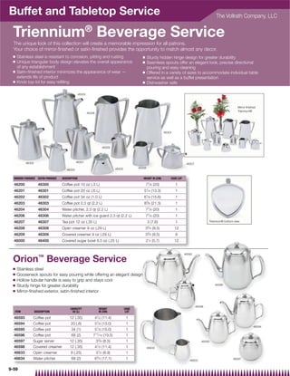 Buffet and Tabletop Service                                                                                                                               The Vollrath Company, LLC


 Triennium® Beverage Service
  The unique look of this collection will create a memorable impression for all patrons.
  Your choice of mirror-ﬁnished or satin-ﬁnished provides the opportunity to match almost any decor.
 Q   Stainless steel is resistant to corrosion, pitting and rusting                                Q     Sturdy hidden hinge design for greater durability
 Q   Unique triangular body design elevates the overall appearance                                 Q     Seamless spouts offer an elegant look, precise directional
     of any establishment                                                                                pouring and easy cleaning
 Q   Satin-ﬁnished interior minimizes the appearance of wear —                                     Q     Offered in a variety of sizes to accommodate individual table
     extends life of product                                                                             service as well as a buffet presentation
 Q   Knob top lid for easy reﬁlling                                                                Q     Dishwasher safe

                                                   46303



                                                                                                                                                                         Mirror-ﬁnished
                                                                                                                                                                         Triennium®
                                                           46306




                                                                                                                     46304




                                                                        46309




          46302                                 46301
                                                                                                                                     46307
                                                                                  46400          46308
                                        46300

  MIRROR-FINISHED   SATIN-FINISHED   DESCRIPTION                                                    HEIGHT IN (CM)       CASE LOT

  46200             46300            Coffee pot 10 oz (.3 L)                                           77⁄ 8 (20)            1
  46201             46301            Coffee pot 20 oz (.6 L)                                        51⁄ 4 (13.3)             1
                                                                                                         1
  46202             46302            Coffee pot 34 oz (1.0 L)                                       6 ⁄ 8 (15.6)             1
  46203             46303            Coffee pot 2.3 qt (2.2 L)                                      83⁄ 8 (21.3)             1
  46204             46304            Water pitcher, 2.3 qt (2.2 L)                                     77⁄ 8 (20)            1
  46206             46306            Water pitcher with ice guard 2.3 qt (2.2 L)                       77⁄ 8 (20)            1
  46207             46307            Tea pot 12 oz (.35 L)                                               3 (7.6)             1                       Triennium® bottom view
                                                                                                         3
  46208             46308            Open creamer 9 oz (.29 L)                                         3 ⁄ 4 (9.5)           12
  46209             46309            Covered creamer 9 oz (.29 L)                                      33⁄ 4 (9.5)           8
  46000             46400            Covered sugar bowl 8.5 oz (.25 L)                                 21⁄4 (5.7)            12


                                                                                                                                    46595
                    ™
 Orion Beverage Service
 Q   Stainless steel
 Q   Gooseneck spouts for easy pouring while offering an elegant design
 Q   Hollow tubular handle is easy to grip and stays cool
 Q   Sturdy hinge for greater durability                                                                                                                 46596

 Q   Mirror-ﬁnished exterior, satin-ﬁnished interior


                                                                                                                                             46598
                                          CAPACITY                   HEIGHT               CASE
  ITEM            DESCRIPTION              OZ (L)                    IN (CM)               LOT

  46593        Coffee pot                 12 (.35)                 41⁄ 2 (11.4)            1
  46594        Coffee pot                  20 (.6)                 51⁄ 8 (13.0)            1
                                                                                                                                                                                     46594
  46595        Coffee pot                  34 (1)                  57⁄ 8 (15.0)            1
  46596        Coffee pot                  68 (2)              711⁄ 16 (19.5)              1
  46597        Sugar server               12 (.35)                 33⁄ 8 (8.5)             1                                                    46593
  46598        Covered creamer            12 (.35)                 41⁄ 2 (11.4)            1             46634
  46633        Open creamer                8 (.25)                 31⁄ 2 (8.9)             1
  46634        Water pitcher               68 (2)                  63⁄ 4 (17.1)            1                                           46633                          46597


9-59
 
