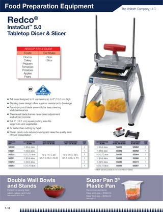 Food Preparation Equipment                                                                                                                           The Vollrath Company, LLC


 Redco®
 InstaCut™ 5.0
 Tabletop Dicer & Slicer

                             REDCO® STYLE GUIDE
                         Foods                   Cut Styles
                     Onions                          Dice
                      Celery                         Slice
                     Peppers
                    Tomatoes
                    Potatoes
                      Apples
                      Pears




 Q   Tall base designed to ﬁt containers up to 6" (15.2 cm) high
 Q   Sled-leg base design offers superior resistance to breakage
 Q   Pop-in pop-out blade assembly for easy cleaning
     and maintenance
 Q   Thermoset blade frames never need adjustment
     and will not corrode
 Q   Full 5" (12.7 cm) square cutting area ﬁts
     large fruits and vegetables
 Q   3x faster than cutting by hand
 Q   Clean, quick cuts reduce bruising and raise the quality level
     of food presentation

  COMPLETE            CUT DESCRIPTION           OPEN DIMENSIONS       CLOSED DIMENSIONS     CASE                  CUT DESCRIPTION         T-HANDLE, PUSHER       REPLACEMENT    CASE
  UNIT                    IN (MM)               W X D X H: IN (CM)     W X D X H: IN (CM)    LOT                      IN (MM)             BLOCK, AND BLADE*      BLADE ONLY *    LOT

  55000                  1
                             ⁄4 (6.4) dice                                                   1                        1
                                                                                                                          ⁄4 (6.4) dice       55059                55062         1
  55001                  3
                          ⁄8 (9.5) dice                                                      1                        ⁄8 (9.5) dice
                                                                                                                      3
                                                                                                                                              55060                55063         1
  55002              1
                         ⁄2 (12.7) dice         10 x 111⁄2 x 20       10 x 111⁄2 x 181⁄2     1                    1
                                                                                                                      ⁄2 (12.7) dice          55061                55064         1
  55011               1
                          ⁄4 (6.4) slice     (25.4 x 29.2 x 50.8)    (25.4 x 29.2 x 47)      1                    1
                                                                                                                      ⁄4 (6.4) slice          55088                55066         1
  55012               3
                          ⁄8 (9.5) slice                                                     1                    3
                                                                                                                      ⁄8 (9.5) slice          55089                55074         1
  55013              1
                      ⁄2 (12.7) slice                                                        1                    ⁄2 (12.7) slice
                                                                                                                  1
                                                                                                                                              55090                55087         1
                                                                                                             * Vollrath warranty policies do not cover Redco® blades




 Double Wall Bowls                                                                                 Super Pan 3®
 and Stands                                                                                        Plastic Pan
 Perfect for serving fresh                                                                         Recommended items:
 salads, salsas, and fruits!                                                                       Clear sixth-size – 8066410
 See pages 9-46 to 9-50                                                                            Clear third-size – 8036410
                                                                                                   See page 6-7




1-15
 