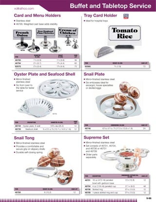 vollrathco.com
                                                                                  Buffet and Tabletop Service
Card and Menu Holders                                                                            Tray Card Holder
Q   Stainless steel                                                                              Q   Ideal for hospital trays
Q   46795: Weighted cast base adds stability




                                                                              46795
                                          92070
        46794


                          DIAMETER                              HEIGHT                   CASE
ITEM                       IN (CM)                              IN (CM)                   LOT

46795                     11⁄ 8 (2.9)                         11⁄ 2 (3.8)                 36
                           1
46794                     2 ⁄ 4 (5.7)                         13⁄ 4 (4.4)                 60     ITEM                                   HEIGHT: IN (CM)                             CASE LOT
                           1⁄ 8                                                                                                           3⁄ 4
92070                     2       (5.4)                       13⁄ 4   (4.4)               72     92080                                           (1.9)                                72



Oyster Plate and Seafood Shell                                                                   Snail Plate
Q   Mirror-ﬁnished                                                                               Q   Mirror-ﬁnished stainless steel
    stainless steel                                                                              Q   Six embosses ideal for
Q   Go from oven to                                                                                  escargot, house specialties
    the table for faster                                                                             or deviled eggs
    service


                                                                              46745




                                                        46735




                                                                                         CASE
ITEM              DESCRIPTION                         DIAMETER: IN (CM)                   LOT
                                                                                                 ITEM                                 DIMENSIONS: IN (CM)                           CASE LOT
46745      Oyster plate, 6 well                      103⁄ 8 dia (26.3)                   12
                                                                                                                           7      7      3
46735           Seafood shell             5 x 51⁄ 2 x 5⁄ 8 (12.7 x 14.0 x 1.6)           12      46746                    6 ⁄ 8 x 5 ⁄ 16 x ⁄ 4 (17.5 x 13.8 x 1.8)                    24



Snail Tong                                                                                       Supreme Set
Q   Mirror-ﬁnished stainless steel                                                               Q   Mirror-ﬁnished stainless steel
Q   Provides a comfortable and                                                                   Q   Set consists of 46701, 46704,
    secure grip on slippery shells                                                                   and 46706 or 46701
Q   Durable self-closing spring                                                                      and 46709
                                                                                                 Q   Order parts
                                                                                                     separately




                                                                                                                                                         DIMENSIONS: OUTSIDE DIA.
                                                                                                 ITEM       DESCRIPTION                                                             CASE LOT
                                                                                                                                                                 IN (CM)
                                                                                                                                                                1
                                                                                                 46701 16 oz (473 ml) paneled                                 5 ⁄ 8 (12.8)            12
                                                                                                       bowl with gadroon base
                                                                                                 46704 4 oz (119 ml) paneled cup                              311⁄ 16 (9.2)           48
ITEM                                      HEIGHT: IN (CM)                             CASE LOT   46706 Slotted ring                                           53⁄ 16 (13.0)           12
46760                                       6 (15.2)                                    12       46709 1-piece slotted ring and cup                           53⁄ 16 (13.0)           12

                                                                                                                                                                                           9-66
 