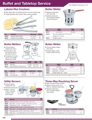 Buffet and Tabletop Service                                                                                                                               The Vollrath Company, LLC

 Lobster/Nut Crackers                                                                              Butter Melter
 Q   Both styles offer comfortable grip and smooth-acting hinge                                    Q    Stainless steel base
 Q   Forged stainless steel cracker offers superb durability                                            with oval vents
                                                                                                   Q    Stainless steel pan
                                                              46764
                                                                                                        with rosewood handle
                                                                                                        and pouring spout




                                                               46763
                                                                                                                                  CAPACITY                       HEIGHT              CASE
                                                                                                       ITEM                        OZ (ML)                       IN (CM)              LOT

                                                                                                       46777                4.25 (125.7)                       35⁄ 8 (9.2)               1
                                                                                                                                                  5
  ITEM          DESCRIPTION                                  LENGTH: IN (CM)         CASE LOT          45710         Pan only, outside dia. 3 ⁄ 8 (9.2 cm),                          12
  46763         Stainless steel, forged                       61⁄ 4 (15.9)              12                           handle 27⁄ 8 (7.3 cm)
  46764         Polished chrome-plated                          6 (15.2)                24             45711         Candle cup only                                                  12




 Butter Melters                                                                                    Butter Melter
 Q   Chrome-plated                                                                                 Q    Chrome-plated welded
     welded wire stand                                                                                  wire stand
 Q   Same stand – ﬂip                                                                              Q    Includes glass candle
     one way for 46771,                                                                                 holder, candle and pan
     ﬂip over for 46770
 Q   Complete with butter                                                            46770
     pan or cup, candle
                                                                 46771
     holder and candle
                                                      CAPACITY             HEIGHT        CASE
  ITEM         DESCRIPTION                             OZ (ML)             IN (CM)        LOT

  46770        With pan                               5 (148)         55⁄ 8 (14.3)          1                                     CAPACITY                     HEIGHT              CASE
                                                                                                       ITEM                        OZ (ML)                     IN (CM)              LOT
                                                                       5
  46771        With #13200 3 oz (89 ml) cup           3 (89)          5 ⁄ 8 (14.3)          6
                                                                                                       46776                 3.25 (96)                       5 (12.7)               12
                                                                                                       45691{       Pan only — stainless steel                                      12
  ITEM         DESCRIPTION        DIAMETER: IN (CM)        HANDLE: IN (CM)           CASE LOT          45690        Stand only — chrome                                             12
  46781        Pan only              31⁄ 2 (8.9)             31⁄ 4 (8.2)               12              45801        Candle holder only — glass                                      12
                                      1
  13200        3 oz cup only         3 ⁄ 8 (7.8)                 –                     12          {Top dia. 3 ⁄ 4 (8.2 cm), Bot. dia. 2 ⁄ 8 (6.6 cm), Handle 1 ⁄ 4 (3.2 cm)
                                                                                                                1                            5                    1




 Utility Servers                                                                                   Three-Way Revolving Server
                                                                                                   Q    Rack revolves for easy access
 Q   Chrome-plated
                                                                                                   Q    99637 includes three 10 oz
     welded wire rack
 Q
                                                                                                        (295 ml) stainless steel bowls
     Stainless steel bowls
                                                                                                   Q    Stainless steel base
 Q   99615, 47633 
                                                                                                        with convenient plastic
     47631: Full Sets
                                                                                                        carry handle
     include 1 rack
                           99615
     and 3 bowls
                                                   47633


                                                                                            CASE
  ITEM       DESCRIPTION                                                                     LOT

  99615{ Dimensions (W x H): 8 x 73⁄ 8 (20.3 x 18.7 cm)                                    1
  69260 Bowl only — 6 oz (177 ml) 3 x 17⁄ 8 (7.6 x 4.7 cm)                                 12
  99262      Replacement cover — fits 69260 bowls                                            12
  47633      Dimensions (W x H): 81⁄ 2 x 83⁄ 4 (21.6 x 22.2)                               6
  47601      Bowl only — 10 oz (295 ml) 31⁄ 2 x 21⁄ 2 (9 x 6.4 cm)                         12     ITEM            DESCRIPTION                                                   CASE LOT

  47631      Dimensions (W x H): 91⁄ 2 x 83⁄ 4 (24.1 x 22.2)                               6      99637           Server (W x H): 81⁄ 4 x 53⁄ 4 (20.9 x 14.6 cm)                 1
  47522      Bowl only — 12 oz (355 ml) 41⁄ 8 x 23⁄ 16 (10.4 x 5.5 cm) 12                         99636           Bowl: 10 oz (295 ml) 4 x 21⁄ 2 (10 x 6.3 cm)                  12
 {Includes bowl covers


9-67
 