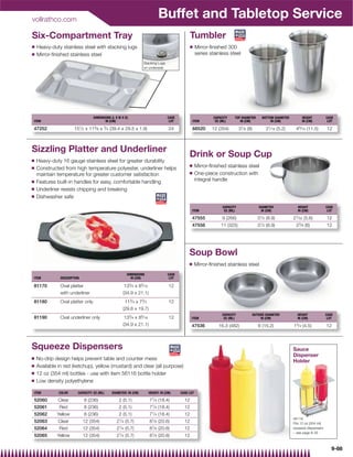 vollrathco.com
                                                                                   Buffet and Tabletop Service
Six-Compartment Tray                                                                                  Tumbler
Q   Heavy-duty stainless steel with stacking lugs                                                     Q   Mirror-ﬁnished 300
Q   Mirror-ﬁnished stainless steel                                                                        series stainless steel
                                                                     Stacking Lugs
                                                                     on underside




                                   DIMENSIONS (L X W X D)                              CASE                        CAPACITY    TOP DIAMETER            BOTTOM DIAMETER        HEIGHT           CASE
ITEM                                      IN (CM)                                       LOT             ITEM        OZ (ML)       IN (CM)                   IN (CM)           IN (CM)           LOT

47252                  151⁄ 2 x 115⁄ 8 x 3⁄ 4 (39.4 x 29.5 x 1.9)                       24              68520     12 (354)         31⁄ 8 (8)             21⁄ 16 (5.2)     49⁄ 16 (11.5)        12



Sizzling Platter and Underliner
                                                                                                    Drink or Soup Cup
Q   Heavy-duty 16 gauge stainless steel for greater durability
                                                                                                    Q     Mirror-ﬁnished stainless steel
Q   Constructed from high temperature polyester, underliner helps
    maintain temperature for greater customer satisfaction                                          Q     One-piece construction with
Q   Features built-in handles for easy, comfortable handling                                              integral handle
Q   Underliner resists chipping and breaking
Q   Dishwasher safe
                                                                                                                        CAPACITY                  DIAMETER                 HEIGHT              CASE
                                                                                                      ITEM               OZ (ML)                   IN (CM)                 IN (CM)              LOT

                                                                                                      47555             9 (266)                   31⁄ 2 (8.9)            27⁄ 32 (5.6)          12
                                                                                                                                                   1
                                                                                                      47556            11 (325)                   3 ⁄ 2 (8.9)             23⁄ 8 (6)            12




                                                                                                    Soup Bowl
                                                                                                    Q     Mirror-ﬁnished stainless steel
                                                            DIMENSIONS                  CASE
ITEM           DESCRIPTION                                    IN (CM)                    LOT

81170          Oval platter                              133⁄ 4 x 85⁄ 16                12
               with underliner                          (34.9 x 21.1)
81180          Oval platter only                         113⁄ 4 x 73⁄ 4                 12
                                                        (29.8 x 19.7)
                                                                                                                        CAPACITY               OUTSIDE DIAMETER            HEIGHT              CASE
81190          Oval underliner only                      133⁄ 4 x 85⁄ 16                12            ITEM               OZ (ML)                    IN (CM)                IN (CM)              LOT
                                                        (34.9 x 21.1)                                 47536          16.3 (482)                   6 (15.2)               13⁄ 4 (4.5)           12



Squeeze Dispensers                                                                                                                                                       Sauce
                                                                                                                                                                         Dispenser
Q   No-drip design helps prevent table and counter mess                                                                                                                  Holder
Q   Available in red (ketchup), yellow (mustard) and clear (all purpose)
Q   12 oz (354 ml) bottles - use with item 56116 bottle holder
Q   Low density polyethylene

ITEM          COLOR      CAPACITY: OZ (ML)    DIAMETER: IN (CM)            HEIGHT: IN (CM)     CASE LOT

52060         Clear          8 (236)               2 (5.1)                 71⁄ 4   (18.4)        12
52061         Red            8 (236)               2 (5.1)                 71⁄ 4 (18.4)          12
52062        Yellow          8 (236)               2 (5.1)                 71⁄ 4 (18.4)          12
                                                                                                                                                                         56116
52063         Clear          12 (354)            21⁄ 4 (5.7)               81⁄ 8 (20.6)          12                                                                      Fits 12 oz (354 ml)
52064         Red            12 (354)            21⁄ 4 (5.7)               81⁄ 8 (20.6)          12                                                                      squeeze dispensers
                                                     1⁄ 4                                                                                                                – see page 8-35
52065        Yellow          12 (354)            2          (5.7)          81⁄ 8 (20.6)          12

                                                                                                                                                                                                  9-68
 