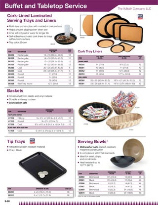 Buffet and Tabletop Service                                                                                                                The Vollrath Company, LLC

 Cork-Lined Laminated
 Serving Trays and Liners
 Q   Multi-layer construction with molded-in cork surface
 Q   Helps prevent slipping even when wet
 Q   Liner will not peel or warp for longer life
 Q   Self-adhesive non-skid cork liners for trays                                        86360
     without cork surface
 Q   Tray color: Brown
                                                         86338


                                                        DIMENSIONS           CASE
  ITEM        DESCRIPTION                                 IN (CM)             LOT    Cork Tray Liners
  86326       Rectangular                    12 x 16 (30.5 x 40.6)            12
                                                                                                               FITS TRAYS                  LINER DIMENSIONS            CASE
  86328       Rectangular                    14 x 18 (35.6 x 45.7)            12      ITEM                       IN (CM)                        IN (CM)                 LOT

  86330       Rectangular                    15 x 20 (38.1 x 50.8)            12      ROUND LINERS

  86331       Rectangular                    16 x 22 (40.6 x 55.9)            12      86350                   11 (27.9)                      91⁄ 8 (23.2)               12
  86333       Oval                           20 x 25 (50.8 x 63.5)             6      86351                   12 (30.5)                      11 (27.9)                  12
  86334       Oval                           23 x 28 (58.4 x 71.1)             6      86352                   14 (35.6)                     121⁄ 8 (30.8)               12
  86336       Round                                     11 (27.9)             12      86353                   16 (40.6)                    1215⁄ 16 (32.9)              12
  86339       Round                                     14 (35.6)             12      OVAL LINERS

  86341       Round                                     16 (40.6)             12      86360           20 x 25 (50.8 x 63.5)         161⁄ 4 x 21 (41.3 x 53.3)           12
                                                         1
  86338       Beer tray, round                      12 ⁄ 2 (31.8)             12      86361           23 x 28 (58.4 x 71.1)         191⁄ 8 x 235⁄ 8 (48.6 x 60)         12


 Baskets
 Q   Constructed from plastic and vinyl material
 Q   Durable and easy to clean
 Q   Dishwasher safe
                                                                                                                                                                    47205
                                                DIMENSIONS                   CASE
  ITEM        DESCRIPTION                         IN (CM)                     LOT

  TAN PLASTIC RATTAN

  47204       Oblong               9 x 31⁄ 2 x 2 (22.9 x 8.9 x 5.1)           12
  47205       Round                        9 x 23⁄ 4 (22.9 x 7)               12
  47206       Oval                91⁄ 2 x 61⁄ 2 x 3 (24.1 x 16.5 x 7.6)       12             47208

  BLACK VINYL WITH GOLD TRIM
                                                                                                                                                            47204
  47208       Oval                 9 x 61⁄ 4 x 23⁄ 8 (22.9 x 15.9 x 6)        12




 Tip Trays                                                                           Serving Bowls{
 Q   Attractive scratch-resistant material                                           Q   Dishwasher safe, impact-resistant,
 Q   Color: Black                                                                        melamine construction
                                                                                     Q   In compliance with FDA standards
                                                                                     Q   Ideal for salad, chips,
                                                                                         and condiments
                                                                                     Q   Heat resistant up to
                                                                                         187°F (86°C)

                                                                                                                            DIMENSIONS              CAPACITY           CASE
                                                                                      ITEM           DESCRIPTION              IN (CM)                OZ (ML)            LOT

                                                                                      52860          Birchwood              53⁄ 4 (14.6)           12 (354)             48
                                                                                      52861          Black                  53⁄ 4 (14.6)           12 (354)             48
                                                                                      52866          Birchwood               6 (15.2)              14 (413)             48
                                                                                      52867          Black                   6 (15.2)              14 (413)             48
  ITEM                             DIMENSION: IN (CM)                     CASE LOT
                                                                                      52869          Birchwood               8 (20.3)             34 (1005)             48
  86280                          4 x 6 (10.2 x 15.2)                        36        52870          Black                   8 (20.3)             34 (1005)             48
  86282                          5 x 7 (12.7 x 17.8)                        36       {Not for use in microwave ovens


9-69
 