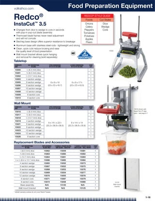 vollrathco.com
                                                                                        Food Preparation Equipment
                                                   ®
Redco                                                                                                           REDCO® STYLE GUIDE
                                                                                                                 Foods            Cut Styles
                                         ™
InstaCut 3.5                                                                                                     Onions
                                                                                                                  Celery
                                                                                                                                    Dice
                                                                                                                                   Wedge
Q       Changes from dice to wedge to core in seconds                                                            Peppers            Core
        with pop-in pop-out blade assembly                                                                      Tomatoes
Q       Thermoset blade frames never need adjustment                                                            Potatoes
        and will not corrode                                                                                      Apples
Q       Sled-leg base design offers superior resistance to breakage                                               Pears
Q       Aluminum base with stainless steel rods - lightweight and strong
Q       Clean, quick cuts reduce bruising and raise
        the quality level of food presentation                                                                                            15000

Q       Wall mount bracket allows quick hanging
        and removal for cleaning (sold separately)
Tabletop
 COMPLETE                        CUT DESCRIPTION             OPEN DIMENSIONS              CLOSED DIMENSIONS         CASE
 UNIT                                 IN (CM)                W X D X H: IN (CM)            W X D X H: IN (CM)        LOT

 15000                      1
                                ⁄4 (6.4 mm) dice                                                                     1
 15001                      3
                               ⁄8 (9.5 mm) dice                                                                      1
 15002                     1
                            ⁄2 (12.7 mm) dice                                                                        1
 15003                      4 section wedge                                                                          1
 15005                      6 section wedge                  9 x 9 x 18                     9 x 9 x 17 ⁄8
                                                                                                        1            1
 15006                      8 section wedge               (23 x 23 x 45.7)                (23 x 23 x 43.5)           1
 15007                     10 section wedge                                                                          1
 15008                     12 section wedge                                                                          1
 15009                          6 section core                                                                       1
 15010                          8 section core                                                                       1

Wall Mount
 COMPLETE                        CUT DESCRIPTION             OPEN DIMENSIONS              CLOSED DIMENSIONS         CASE
 UNIT                                 IN (CM)                W X D X H: IN (CM)            W X D X H: IN (CM)        LOT                                    15016 shown with
 15016                      1
                                ⁄4 (6.4 mm) dice                                                                     1                                      Super Pan 3® clear
                                                                                                                                                            pans – see page 6-7
 15017                      3
                               ⁄8 (9.5 mm) dice                                                                      1
 15018                     1
                            ⁄2 (12.7 mm) dice                                                                        1
 15019                      4 section wedge                                                                          1
                                                           8 x 141⁄2 x 221⁄4               8 x 141⁄2 x 14
 15021                      6 section wedge                                                                          1
                                                         (20.3 x 36.8 x 56.5)           (20.3 x 36.8 x 35.6)
 15022                      8 section wedge                                                                          1
 15023                     10 section wedge                                                                          1
 15024                     12 section wedge                                                                          1
 15026                          8 section core                                                                       1

Replacement Blades and Accessories
                      CUT DESCRIPTION              REPLACEMENT       T-HANDLE, PUSHER BLOCK,   T-HANDLE, PUSHER BLOCK,     CASE
                           IN (CM)                  BLADE ONLY         AND BLADE - TABLETOP    AND BLADE - WALL MOUNT       LOT
                  1
                   ⁄4 (6.4 mm) dice                    15062                  15059                    15081                1
              3
                  ⁄8 (9.5 mm) dice                     15063                  15060                    15082                1
              1
               ⁄2 (12.7 mm) dice                       15064                  15061                    15083                1
    ⁄4 x ⁄2 (6.4 x 12.7 mm) dice
    1     1
                                                       15086                  15085                    15084                1
              4 section wedge                          15065                  15050                    15073                1
              6 section wedge                          15067                  15052                    15075                1
              8 section wedge                          15068                  15053                    15076                1
           10 section wedge                            15069                  15054                    15077                1
           12 section wedge                            15070                  15055                    15078                1
                      6 section core                   15071                  15087                    15079                1
                      8 section core                   15072                  15058                    15080                1                   15125
                  Base assembly                        N/A                    15100                      N/A                1                  Wall mount
                                                                                                                                                bracket
          Wall mount bracket                           N/A                        N/A                  15125                1
* Vollrath warranty policies do not cover Redco® blades


                                                                                                                                                                            1-16
 