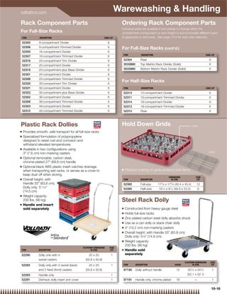 vollrathco.com
                                                                               Warewashing  Handling
Rack Component Parts                                                            Ordering Rack Component Parts
                                                                                Individual parts are available if one wishes to change either the
For Full-Size Racks                                                             compartment conﬁguration or rack height to accommodate different types
    ITEM       DESCRIPTION                                         CASE LOT     of glassware or stemware. See page 10-9 for rack color selection.
    52305      9-compartment Divider                                   6
    52306      9-compartment Trimmed Divider                           6        For Full-Size Racks (cont'd.)
    52300      16-compartment Divider                                  6
                                                                                 ITEM           DESCRIPTION                                              CASE LOT
    52307      16-compartment Trimmed Divider                          6
    52316      20-compartment Trim Divider                             6         52304         Riser                                                        6
    52317      20-compartment Divider                                  6         3533880       Top Martini Rack Divider (Solid)                             6
    52318      20-compartment plus Base Divider                        6         3533980       Bottom Martini Rack Divider (Solid)                          6
    52301      25-compartment Divider                                  6
    52308      25-compartment Trimmed Divider                          6
    52320      30-compartment Trim Divider                             6
                                                                                For Half-Size Racks
    52321      30-compartment Divider                                  6         ITEM           DESCRIPTION                                              CASE LOT

    52322      30-compartment plus Base Divider                        6         52313         10-compartment Divider                                       6
    52302      36-compartment Divider                                  6         52311         10-compartment Trimmed Divider                               6
    52309      36-compartment Trimmed Divider                          6         52314         18-compartment Divider                                       6
    52303      49-compartment Divider                                  6         52312         18-compartment Trimmed Divider                               6
    52310      49-compartment Trimmed Divider                          6         52315         Riser                                                        6



Plastic Rack Dollies                                                            Hold Down Grids                                               52385

Q   Provides smooth, safe transport for all full-size racks
Q   Specialized formulation of polypropylene
    designed to resist rust and corrosion and
    withstand elevated temperatures
Q   Available in two conﬁgurations using
                                                                                                                                                           52395
    3 (7.6 cm) non-marking casters
Q   Optional removable, carbon steel,
    chrome-plated 27 (68.6 cm) handle
Q   Optional black ABS plastic insert catches drainage
                                                                                Q   Plastisol coating on grids protects rack items
    when transporting wet racks, or serves as a cover to
    keep dust off when storing
                                                                                                                       DIMENSIONS                CASE
Q   Overall height: with                                                         ITEM          DESCRIPTION               IN (CM)                  LOT
    Handle 33 (83.8 cm);                                                        52385         Full-size      177⁄ 8 x 177⁄ 8 (45.4 x 45.4)      12
    Dolly only: 511⁄16                                                          52395         Half-size      191⁄ 4 x 91⁄ 4 (48.9 x 23.5)          6
    (14.5 cm)
Q   Weight capacity:
    200 lbs. (90 kg)                                                            Steel Rack Dolly
Q   Handle and insert
    sold separately                                                             Q   Constructed from heavy-gauge steel
                                                                                Q   Holds full-size racks
                                                                                Q   Zinc-plated carbon steel dolly absorbs shock
                                                                                Q   Use as a can dolly or stack chair dolly
                                                                                Q   4 (10.2 cm) non-marking casters
                                                                                Q   Overall height: with Handle 33 (83.8 cm);
                                                                                    Dolly only: 57⁄8 (14.9 cm)
                                                                                Q   Weight capacity:
                                                                                    200 lbs. (90 kg)
                                                 PLATFORM DIMENSIONS   CASE
ITEM           DESCRIPTION                              IN (CM)         LOT     Q   Handle sold
52290          Dolly only with 4                     20 x 20               1        separately
               swivel casters                      (50.8 x 50.8)
                                                                                                                                     PLATFORM DIMENSIONS     CASE
52292          Dolly only with 2 swivel (back)       20 x 20               1     ITEM      DESCRIPTION                      GAUGE           IN (CM)           LOT

               and 2 fixed (front) casters         (50.8 x 50.8)                 97190     Dolly without handle              12        201⁄ 2 x 201⁄ 2          1
52293          Handle only                                                 1                                                           (52.1 x 52.1)
52291          Dishrack dolly insert and cover                             1     97191     Handle only, chrome plated        18                 —               1


                                                                                                                                                                10-16
 