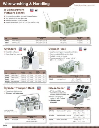 Warewashing  Handling                                                                                                                               The Vollrath Company, LLC

 8-Compartment
 Flatware Basket
 Q   For presorting, soaking and washing your ﬂatware
 Q   Two baskets ﬁt full-size open rack
 Q   Baskets nest for compact storage
 Q   Outside dimensions: 181⁄32 x 719⁄32 (45.8 x 19.3 cm)




                                                                             INSIDE COMPARTMENT                         OVERALL HEIGHT                      INSIDE HEIGHT      CASE
  ITEM             DESCRIPTION                                                      IN (CM)                                 IN (CM)                            IN (CM)          LOT

  52640            Without handles                                       39⁄ 16 x 39⁄ 16 (9 x 9)                        79⁄ 32 (18.4)                       41⁄ 4 (10.8)        4
                                                                             9      9                                      9
  52641            With handles                                          3 ⁄ 16 x 3 ⁄ 16 (9 x 9)                        13 ⁄ 16 (34.5)                      41⁄ 4 (10.8)        4



 Cylinders                                                                                         Cylinder Rack
                                                                    52633
 Q   Fits all Silv-A-Tainers                                                                       Q   Ideal for washing and transporting cylinders
 Q   Heavy-duty, long wearing                                                                      Q   Accommodates all Vollrath cylinders
                                                                                                   Q   Available in green or cocoa
                                                                                                   Q   Outside dimensions: 10 x 193⁄4 x 511⁄16
                                                                                                       (25.4 x 50 x 14.4 cm)


                                                                                    52642


                                  99710*                                         52643

                                                                         CUTOUT
                                      DIAMETER          HEIGHT          DIAMETER         CASE
  ITEM          DESCRIPTION            IN (CM)          IN (CM)          IN (CM)          LOT

  52633         Plastic, black       33⁄ 4 (9.5)     55⁄ 8 (14.3)     41⁄ 32 (10.2)       12                                               COMPARTMENT SIZE (L X W X H)        CASE
  52643         Plastic, white       33⁄ 4 (9.5)     55⁄ 8 (14.3)     41⁄ 32 (10.2)       12        ITEM          DESCRIPTION                       IN (CM)                     LOT

  52642         Nylon                33⁄ 4 (9.5)     55⁄ 8 (14.3)     41⁄ 32 (10.2)       12        52808         8-compartment                   43⁄ 8 x 43⁄ 8 x 41⁄ 2         4
  99710{ Stainless steel             33⁄ 4 (9.5)     55⁄ 8 (14.3)     41⁄ 32 (10.2)       12                                                    (11.1 x 11.1 x 11.4)
 {Not NSF Certiﬁed, Imported




 Cylinder Transport Rack                                                                           Silv-A-Tainer
 Q   Heavy-duty stainless steel                                                                    Q   97240 and 97241 are
 Q   Cylinders sold separately                                                                         mirror-ﬁnished 300 series
                                                                                                       stainless steel with rubber feet
                                                                                                   Q   52644 is tough gray
                                                                                                       plastic for easy cleaning
                                                                                                                                                                               52644
                                                                                                   Q   Cylinders sold
                                                                                                       separately
                                                                                                                                                                  97240*


                                                                                                                                                      DIMENSIONS (L X W X H)   CASE
                                                                                                    ITEM          DESCRIPTION                                IN (CM)            LOT
 Shown with cylinders
                                                                                                    97241|        Stainless steel, 6-cylinder        147⁄ 8 x 111⁄ 2 x 81⁄ 2    1
 (item 99710) – sold separately
                                                                                                                                                    (37.8 x 29.2 x 21.6)
                                                                                                    97240|        Stainless steel, 4-cylinder        101⁄ 8 x 111⁄ 2 x 81⁄ 2    1
                                                    DIMENSIONS (L X W X H)               CASE
  ITEM             DESCRIPTION                             IN (CM)                        LOT                                                       (25.7 x 29.2 x 21.6)
  99720            6-cylinder                         15 x 10 x 111⁄ 8                    1         52644         Plastic, 6-cylinder                 151⁄ 8 x 103⁄ 4 x 11      1
                                                   (38.1 x 25.4 x 28.3)                                                                             (38.4 x 27.3 x 27.9)
                                                                                                   |Imported
10-17
 