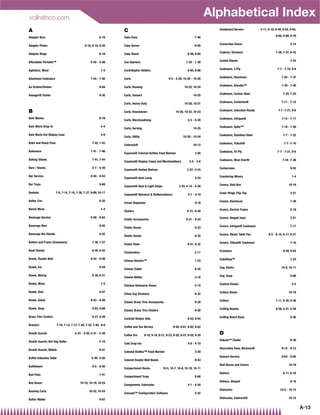 vollrathco.com
                                                                                                                                   Alphabetical Index
A                                                                C                                                                   Condiment Servers            5-11, 6-19, 9-49, 9-62, 9-64,

Adaptor Bars                                             6-16    Cake Pans                                                 7-46                                               9-65, 9-68, 9-70


Adaptor Plates                               6-16, 6-18, 6-20    Cake Server                                               9-65      Convection Ovens                                     2-14


Adaptor Rings                                            6-18    Cake Stand                                          9-49, 9-65      Cookers, Strainers                       7-36, 7-37, 8-32


Affordable Portable™                              5-45 - 5-48    Can Openers                                        1-25 - 1-26      Cookie Sheets                                        7-44


Agitators, Mixer                                          1-5    Card/Napkin Holders                                 9-65, 9-66      Cookware, 3-Ply                           7-7 - 7-10, 9-6


Aluminum Cookware                                 7-24 - 7-40    Carts                                5-5 - 5-20, 10-20 - 10-25      Cookware, Aluminum                            7-25 - 7-37


Au Gratins/Dishes                                        9-64    Carts, Bussing                                   10-22, 10-24       Cookware, Arkadia™                            7-39 - 7-40


Avenger® Chafer                                          9-30    Carts, Dessert                                           10-25      Cookware, Carbon Steel                         7-22, 7-23


                                                                 Carts, Heavy-Duty                                10-20, 10-21       Cookware, Centurion®                          7-11 - 7-14


B                                                                Carts, Knockdown                          10-20, 10-22, 10-23       Cookware, Induction-Ready                  7-7 -7-21, 9-6

Bain Maries                                              6-19                                                                        Cookware, Intrigue®                           7-15 - 7-17
                                                                 Carts, Merchandising                                5-5 - 5-20

Bain Marie Drop-In                                        4-4                                                                        Cookware, Optio™                              7-18 - 7-20
                                                                 Carts, Serving                                           10-25

Bain Marie Hot Display Case                               3-6                                                                        Cookware, Stainless Steel                      7-7 - 7-22
                                                                 Carts, Utility                                  10-20 - 10-24

Bake and Roast Pans                                7-42, 7-43                                                                        Cookware, Tribute®                              7-7 -7-10
                                                                 Caterack®                                                10-12

Bakeware                                          7-41 - 7-46                                                                        Cookware, Tri-Ply                         7-7 - 7-21, 9-6
                                                                 Cayenne® Colonial Kettles Food Warmer                     3-20

Baking Sheets                                      7-41, 7-44                                                                        Cookware, Wear-Ever®                          7-24 -7-38
                                                                 Cayenne® Display Cases and Merchandisers             3-5 - 3-6

Bars / Kiosks                                      5-7 - 5-20                                                                        Corkscrews                                           9-52
                                                                 Cayenne® Heated Shelves                            3-23 -3-24

Bar Service                                       9-50 - 9-54                                                                        Countertop Mixers                                     1-4
                                                                 Cayenne® Heat Lamp                                        3-24

Bar Trays                                                9-69                                                                        Covers, Dish Box                                   10-19
                                                                 Cayenne® Heat  Light Strips                 3-22, 4-14 - 4-20

Baskets               7-9, 7-14, 7-16, 7-36, 7-37, 9-69, 10-17                                                                       Cover Hinge, Flip-Top                                3-21
                                                                 Cayenne® Warmers  Rethermalizers                   3-7 - 3-19

Batter Can                                               8-35                                                                        Covers, Aluminum                                     7-38
                                                                 Cereal Dispenser                                          9-18

Bench Mixer                                               1-4                                                                        Covers, Electric Fryers                              2-18
                                                                 Chafers                                            9-15- 9-30

Beverage Service                                  9-59 - 9-63                                                                        Covers, Hinged Inset                                 3-21
                                                                 Chafer Accessories                                 9-31 - 9-33

Beverage Bins                                            9-42                                                                        Covers, Intrigue® Cookware                           7-17
                                                                 Chafer Boxes                                              9-33

Beverage Bin Stands                                      9-42                                                                        Covers, Steam Table Pan            6-5 - 6-15, 6-17, 6-21
                                                                 Chafer Heater                                             9-32

Boilers and Fryers (Cookware)                      7-36, 7-37                                                                        Covers, Tribute® Cookware                            7-10
                                                                 Chafer Rack                                         9-31, 9-32

Bowl Stands                                        8-30, 9-42                                                                        Creamers                                       9-59, 9-62
                                                                 Charbroilers                                              2-11

Bowls, Double Wall                                9-43 - 9-48                                                                        CubeKing™                                            1-23
                                                                 Cheese Blocker™                                           1-23

Bowls, Ice                                               9-54                                                                        Cup, Racks                                    10-8, 10-11
                                                                 Cheese Cutter                                             8-35

Bowls, Mixing                                      8-30, 8-31                                                                        Cup, Soup                                            9-68
                                                                 Cheese Melter                                             2-16

Bowls, Mixer                                              1-5                                                                        Custom Kiosks                                         5-5
                                                                 Chicken Rotisserie Ovens                                  2-15

Bowls, Oval                                              9-47                                                                        Cutlery Boxes                                      10-19
                                                                 China Cap Strainers                                       8-32

Bowls, Salad                                      9-43 - 9-48                                                                        Cutters                                  1-11, 8-35, 8-36
                                                                 Classic Brass Trim Accessories                            9-28

Bowls, Soup                                        9-63, 9-68                                                                        Cutting Boards                           8-26, 5-41, 5-46
                                                                 Classic Brass Trim Chafers                                9-28

Brass Trim Chafers                                 9-27, 9-28                                                                        Cutting Board Rack                                   8-26
                                                                 Cocktail Shaker Sets                                9-53, 9-54

Braziers               7-10, 7-14, 7-17, 7-20, 7-32, 7-40, 9-6
                                                                 Coffee and Tea Service                  9-59, 9-61, 9-62, 9-63

Breath Guards                        4-23 - 4-30, 5-31 - 5-39
                                                                 Coffee Urn       9-18, 9-19, 9-21, 9-23, 9-26, 9-27, 9-28, 9-29     D
Breath Guards, Hot Dog Roller                            2-16                                                                        Dakota™ Chafer                                       9-30
                                                                 Cold Drop-ins                                       4-8 - 4-10

Breath Guards, Mobile                                    9-41                                                                        Decorative Pans, Miramar®                     9-12 - 9-13
                                                                 Colonial Kettles™ Food Warmer                             3-20

Buffet Induction Table                             5-49- 5-50                                                                        Dessert Service                               9-64 - 9-65
                                                                 Colored Double Wall Bowls                                 9-43

Buffetware                                         9-5 - 9-40                                                                        Dish Boxes and Covers                              10-19
                                                                 Compartment Racks               10-5, 10-7, 10-8, 10-10, 10-11

Bun Pans                                                 7-41                                                                        Dishers                                        8-17, 8-18
                                                                 Compartment Trays                                         9-68

Bus Boxes                                 10-18, 10-19, 10-24                                                                        Dishers, Shaped                                      8-18
                                                                 Components, Fabricator                              4-1 - 4-30

Bussing Carts                                    10-22, 10-24                                                                        Dishracks                                   10-5 - 10-12
                                                                 Concept™ Configuration Software                           5-22

Butter Melter                                            9-67                                                                        Dishracks, Caterack®                               10-12


                                                                                                                                                                                                  A-13
 