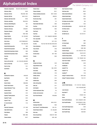 Alphabetical Index                                                                                                                                             The Vollrath Company, LLC
 Dishracks, Compartment         10-5, 10-7, 10-8, 10-10, 10-11   Flatware Boxes                                           10-19    High Temperature Utensils                              8-27

 Dishracks, Dollies                                     10-16    Flatware Cylinders                                       10-17    Hold Down Grids                                      10-16

 Dishracks, Full-Size                       10-5, 10-6 - 10-9    Flatware Handling Accessories                   10-17 - 10-18     Hollow Handle Buffetware                               9-39

 Dishracks, Half-Size                           10-10 - 10-11    Flexible Pan Lids                                    6-9, 6-15    Hooked Handle Dipper                                   8-16

 Dishracks, Hold-Down Grids                             10-16    Flip-Top Cover Hinge                                      3-21    Hooked Handle Utensils                                 8-16

 Dishracks, Imprinting                            10-4, 10-13    Floor Mixers                                               1-4    Hot Display Case, Bain Marie                            3-6

 Dishracks, Martini/Margarita                            10-7    Fluted Double Wall Bowls                                  9-44    Hot Dog Roller Grills                                  2-16

 Dispenser Holder, Sauce                                 8-35    Food Bars                                           5-5 - 5-20    Hot Food Merchandisers                     3-5, 3-16 - 3-20

 Dispensers, Beverage                              9-18, 9-21    Food Container Pans                                       8-33    Hot Plates, Electric                                   2-13

 Dispensers, Squeeze                                     9-68    Food Courts                                                5-5    Hot Plates, Gas                                        2-13

 Display Bowls                                    9-43 - 9-49    Food Pans                                                 9-31    Hot Well Drop-Ins                            4-3 -4-7, 4-11

 Display Cabinets                              3-3 - 3-6, 4-22   Food Processors                 1-11 - 1-26, 8-33 - 8-34, 8-36

 Divided Food Pans                                       9-31    Fork, Long Handle                                         8-16    I
                                                                                                                                   Ice Bucket                                             9-54
 Dome Covers                             6-17, 7-38, 9-6, 9-31   French Whips                                       8-11 - 8-12

                                                                                                                                   Ice Cream Spade                                        8-25
 Double Boilers                              7-21, 7-22, 7-36    Fry Pans              7-8, 7-12, 7-16, 7-18, 7-22, 7-27 to 7-30

                                                                                                                                   Ice Scoop                                        8-25, 9-54
 Double Wall Beverage Bins                               9-42    Fryers (Cookware)                                   7-36, 7-37

                                                                                                                                   Induction Buffet Table                          5-49 - 5-50
 Double Wall Serving Bowls                        9-43 - 9-48    Fryers, Electric                                          2-18

                                                                                                                                   Induction Ranges                    2-3 - 2-10, 4-12 - 4-13
 Double Wall Serving Bowls, Colored                      9-43    Fuel Holders                                              9-32

                                                                                                                                   Induction Ranges, Worldwide                  2-5, 2-7, 4-12
 Double Wall Serving Bowls, Fluted                       9-44    Full-Size Racks                                    10-7 - 10-9

                                                                                                                                   Induction-Ready Chafers                         9-15 - 9-16
 Drain Box                                         8-36,10-18    Funnels                                                   8-33

                                                                                                                                   Induction-Ready Cookware              7-5 - 7-20, 9-5 - 9-6
 Dredges                                                 8-34

                                                                                                                                   Inset Covers, Hinged                             3-21, 6-19
 Drop-Ins, Hot and Cold           4-3 - 4-13, 4-21, 4-22, 9-22   G
                                                                 Garbage Can Storage                                       5-19    Insets, Vegetable                                      6-19
 Drop-Ins, Short Side                                 4-4, 4-8

                                                                 Gauge Reference Table                                      A-1    InstaBloom®                                            1-18
 Drop-Ins, Soup                                          4-11

                                                                 Glass Racks                                       10-5 - 10-15    InstaCut™ 5.0                                          1-15
 Dual Warmer                                             3-12

                                                                 Gravy Boats                                               9-63    InstaCut™ 3.5                                          1-16

                                                                 Griddles (Cookware)                                       7-10    InstaSlice™                                            1-19
 E
 EaziClean® Can Openers                            1-25-1-26     Griddles, Electric                                        2-12    Intrigue™ Induction Chafers                     9-15 - 9-16

 Egg Poachers                                            7-46    Griddles, Gas                                             2-12    Intrigue™ Induction Cookware                    7-15 -7-17

 Egg Slicer                                              8-35    Griddle Stones                                            8-34

 Electric Chafers                                  9-24, 9-28    Grills, Hot Dog Roller                                    2-16    J-K
                                                                                                                                   Jacob's Pride® Collection      7-7 - 7-17, 7-31 - 7-32, 8-4,
 Electric Chafer Heaters                                 9-32    Grills, Gas                                               2-11

                                                                                                                                                                       8-13 - 8-15, 8-21, 8-22
 Elegant Reflections™ Trays                              9-36    Grill Tender®                                             1-24

                                                                                                                                   Juice Extractors                                       1-12
 Elevation Stands                                        9-42    Grinder Attachments, Mixer                                 1-5

                                                                                                                                   King Kutter™                                           1-22
 Equipment Stands                                        2-13    Grinders and Accessories                                  1-11

                                                                                                                                   Kiosks                                      3-19, 5-5 - 5-6
 ErgoGrip™ Basting Spoons                                8-19    Grip 'N Serv® Utensils                              8-10, 8-20

                                                                                                                                   Knives                                                 9-56
 ErgoGrip™ Ladles                                        8-15

                                                                                                                                   Kool-Touch® Buffetware            8-13 - 8-16, 8-21 - 8-23
 Esquire™ Trays                                          9-35    H
                                                                 Half-Size Racks                                 10-10 - 10-11     Kool-Touch® Handles                6-17, 6-19, 8-13 - 8-16,
 E-Z Juice Extractors                                    1-12
                                                                                                                                                                             8-21 - 8-23, 9-40
                                                                 Hamburger Patty Mold                                      8-35
 F
                                                                                                                                   Kool-Touch® Hinged Covers                              6-19
 Fabricator Components                             4-1 - 4-30    Heat 'N Serve™ Food Rethermalizers                  3-8 - 3-11

                                                                                                                                   Kool-Touch® Ladles                              8-13 - 8-16
 Fajita Skillet Heaters                                   2-9    Heated Display Cabinets                        3-3 - 3-6, 4-22

                                                                                                                                   Kool-Touch® Tongs                                8-21, 8-23
 False Bottoms                                           9-46    Heat Lamp                                                 3-24

 Flatware                                         9-55 - 9-56    Heat and Light Strips                        3-22, 4-14 - 4-20

 Flatware Baskets                                       10-17    Heated Shelves                                     3-23 - 3-24




A-14
 