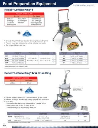 Food Preparation Equipment                                                                                                                           The Vollrath Company, LLC

 Redco® Lettuce King® I
                               REDCO® STYLE GUIDE
                            Foods                                    Cut Styles
         Lettuce                    Cucumbers                       Shred lettuce
         Cabbage                    Cantaloupes                     and cabbage
         3" Onions                  Chicken                        Slice vegetables
         Bell Peppers                                              and soft meats




                                                                                                                                                                 400N




 Q    Eliminate 75% of the time and cost of shredding lettuce with a knife
 Q    Prevents bruising of lettuce during cutting, reducing food waste
 Q    Cut 1⁄4 head of lettuce at a time




                            CUT DESCRIPTION                OPEN DIMENSIONS             CLOSED DIMENSIONS       CASE     REPLACEMENT                  CUT DESCRIPTION           CASE
  ITEM                          IN (MM)                    W X D X H: IN (CM)           W X D X H: IN (CM)      LOT      BLADE ITEM                      IN (MM)                LOT

  400N             3
                    ⁄16 (4.8) cut, 37 blades                                                                    1          435               ⁄16 (4.8) cut, 37 blades
                                                                                                                                             3
                                                                                                                                                                                1
  403N              1
                        ⁄4 (6.4) cut, 28 blades          17 ⁄2 x 19 x 26 ⁄4
                                                             1              1
                                                                                     17 ⁄2 x 23 ⁄4 x 13 ⁄8
                                                                                        1         1      3      1          485               1
                                                                                                                                                 ⁄4 (6.4) cut, 28 blades        1
  402NC             3
                       ⁄8 (9.5) cut, 19 blades         (44.5 x 48.3 x 66.7)          (44.5 x 59.1 x 34)         1         484C               3
                                                                                                                                                 ⁄8 (9.5) cut, 19 blades        1
  401N              3
                        ⁄4 (19) cut, 10 blades                                                                  1          434               3
                                                                                                                                                 ⁄4 (19) cut, 10 blades         1

 * Vollrath warranty policies do not cover Redco® blades




 Redco® Lettuce King® IV & Drum Ring
                        REDCO® STYLE GUIDE
                 Foods                             Cut Styles
                 Lettuce                               Chop


                                                                                                                                                     4400N Lettuce King® IV
                                                                                                                                                     on 2900 Drum Ring -
                                                                                                                                                     items sold separately




  Q   Prepares lettuce in a fraction of the time it takes to do with a knife
  Q   Prevents bruising of lettuce during cutting - prepare days in advance
  Q   Drum Ring
      – Fits snugly over Rubbermaid® Greenskeeper™ storage drums
      – One size ﬁts both 20 and 32 gallon drums
      – Streamlines high-volume chopping of lettuces


                                                                                   OPEN DIMENSIONS                     CLOSED DIMENSIONS                       CASE      REPLACEMENT
          ITEM              DESCRIPTION                                            W X D X H :IN (CM)                   W X D X H: IN (CM)                      LOT       BLADE ITEM

          4400N             Lettuce King® IV,                                      17 x 171⁄2 x 32                     17 x 181⁄2 x 215⁄8                       1             4408
                            1" x 1" (25.4 x 25.4 mm) cut                        (43.2 x 44.5 x 81.28)                 (44.5 x 47 x 54.9)
          2900              Drum Ring                                    223⁄4 dia. x 17⁄8 (57.8 dia. x 4.8)                  n/a                               1             n/a
         * Vollrath warranty policies do not cover Redco® blades


1-21
 