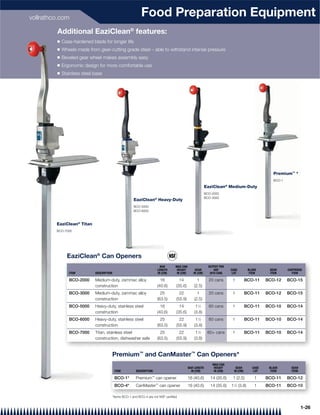 vollrathco.com
                                                              Food Preparation Equipment
         Additional EaziClean® features:
         Q   Case-hardened blade for longer life
         Q   Wheels made from gear-cutting grade steel – able to withstand intense pressure
         Q   Beveled gear wheel makes assembly easy
         Q   Ergonomic design for more comfortable use
         Q   Stainless steel base




                                                                                                                                                     Premium™ *
                                                                                                                                                     BCO-1

                                                                                                             EaziClean® Medium-Duty
                                                                                                             BCO-2000
                                                                                                             BCO-3000
                                                         EaziClean® Heavy-Duty
                                                         BCO-5000
                                                         BCO-6000



         EaziClean® Titan
         BCO-7000




               EaziClean® Can Openers
                                                                           BAR       MAX CAN                   OUTPUT PER
                                                                         LENGTH       HEIGHT        GEAR           DAY      CASE         BLADE     GEAR      CARTRIDGE
                ITEM         DESCRIPTION                                 IN (CM)      IN (CM)      IN (CM)      (#10 CAN)    LOT          ITEM     ITEM        ITEM

                BCO-2000     Medium-duty, zammac alloy                    16           14             1        20 cans       1          BCO-11    BCO-12     BCO-15
                             construction                               (40.6)       (35.6)         (2.5)
                BCO-3000     Medium-duty, zammac alloy                    25           22             1        20 cans       1          BCO-11    BCO-12     BCO-15
                             construction                               (63.5)       (55.9)         (2.5)
                BCO-5000     Heavy-duty, stainless steel                  16           14            11⁄2      60 cans       1          BCO-11    BCO-10     BCO-14
                             construction                               (40.6)       (35.6)         (3.8)
                BCO-6000     Heavy-duty, stainless steel                  25           22            11⁄2      60 cans       1          BCO-11    BCO-10     BCO-14
                             construction                               (63.5)       (55.9)         (3.8)
                BCO-7000     Titan, stainless steel                       25           22            11⁄2     60+ cans       1          BCO-11    BCO-10     BCO-14
                             construction, dishwasher safe              (63.5)       (55.9)         (3.8)


                                           Premium™ and CanMaster™ Can Openers*
                                                                        p
                                                                                                                 MAX CAN
                                                                                                BAR LENGTH        HEIGHT       GEAR        CASE    BLADE       GEAR
                                            ITEM          DESCRIPTION                             IN (CM)         IN (CM)     IN (CM)       LOT     ITEM       ITEM

                                            BCO-1*        Premium™ can opener                   16 (40.6)       14 (35.6)    1 (2.5)        1     BCO-11     BCO-12
                                                                        ™
                                            BCO-4*        CanMaster can opener                  16 (40.6)       14 (35.6)   1 ⁄2 (3.8)
                                                                                                                             1
                                                                                                                                            1     BCO-11     BCO-10

                                           *Items BCO-1 and BCO-4 are not NSF certiﬁed


                                                                                                                                                                      1-26
 