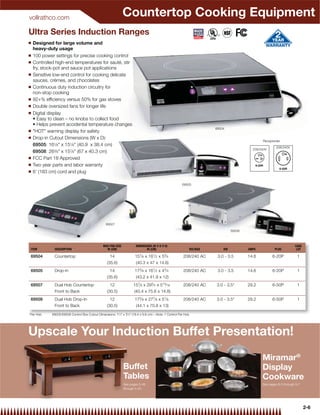 vollrathco.com
                                                                Countertop Cooking Equipment
Ultra Series Induction Ranges
Q   Designed for large volume and
    heavy-duty usage
Q   100 power settings for precise cooking control
Q   Controlled high-end temperatures for sauté, stir
    fry, stock-pot and sauce pot applications
Q   Sensitive low-end control for cooking delicate
    sauces, crémes, and chocolates
Q   Continuous duty induction circuitry for
    non-stop cooking
Q   92+% efﬁciency versus 50% for gas stoves
Q   Double oversized fans for longer life
Q   Digital display


                                                                                                                        69504
Q   "HOT" warning display for safety
Q   Drop-in Cutout Dimensions (W x D):
                                                                                                                                                Receptacles
    69505: 161⁄8" x 151⁄8" (40.9 x 38.4 cm)
                                                                                                                                                         208/240V
                                                                                                                                           208/240V
    69508: 263⁄8" x 157⁄8" (67 x 40.3 cm)
Q   FCC Part 18 Approved
Q   Two year parts and labor warranty
Q   6' (183 cm) cord and plug

                                                                                                          69505




                                                   69507

                                                                                                                                 69508



                                                 MAX PAN SIZE           DIMENSIONS (W X D X H)                                                                       CASE
 ITEM         DESCRIPTION                          IN (CM)                     IN (CM)                        VOLTAGE       KW           AMPS           PLUG          LOT

 69504        Countertop                              14                157⁄ 8 x 181⁄ 2 x 53⁄ 4           208/240 AC     3.0 - 3.5       14.6         6-20P            1
                                                    (35.6)              (40.3 x 47 x 14.6)
 69505        Drop-in                                 14                173⁄ 8 x 161⁄ 2 x 43⁄ 4           208/240 AC     3.0 - 3.5       14.6         6-20P            1
                                                    (35.6)               (43.2 x 41.9 x 12)
 69507        Dual Hob Countertop                     12               157⁄ 8 x 293⁄ 4 x 513⁄ 16          208/240 AC    3.0 - 3.5*       29.2         6-50P            1
              Front to Back                         (30.5)             (40.4 x 75.6 x 14.8)
 69508        Dual Hob Drop-In                        12                173⁄ 8 x 277⁄ 8 x 51⁄ 8           208/240 AC    3.0 - 3.5*       29.2         6-50P            1
              Front to Back                         (30.5)               (44.1 x 70.8 x 13)

*Per Hob     69505/69508 Control Box Cutout Dimensions: 71⁄4" x 37⁄8" (18.4 x 9.8 cm) – Note: 1 Control Per Hob




Upscale Your Induction Buffet Presentation!
                                                                                                                                                Miramar®
                                                                Buffet                                                                          Display
                                                                Tables                                                                          Cookware
                                                                See pages 5-49                                                                  See pages 9-5 through 9-7
                                                                through 5-50




                                                                                                                                                                            2-6
 