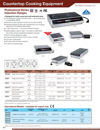 Countertop Cooking Equipment                                                                                                                                        The Vollrath Company, LLC

 Professional Series
 Induction Ranges
 Q     Designed for sauté, sauce pots and small stock pots
 Q     100 settings for precise cooking control — set to power level
       or temperature setting
 Q     Continuous duty induction circuitry for non-stop cooking
 Q     Firewall protected circuitry with oversized fans and 18 gauge
       heavy-duty 18-8 stainless steel casing                                                                                                                  69523

 Q     1-180 minute timer — unit shuts off at end of cycle
 Q     Digital display is easy to clean – no knobs to collect food
       and it helps prevent accidental temperature changes
 Q     "HOT" warning display for safety
 Q     Three-foot remote control cord on drop-in models
 Q                                                                                                                                                                     69521
       FCC Part 18 Approved
 Q     Two year parts and labor warranty
                                                                                                                              6954301
 Q     6' (183 cm) cord and plug                                                                                              6954302
                                                                                                                              6954303




                                                                                      69520

                                   Receptacles
                                                                                                                                                                               6954701
      208/240V      208/240V          230V         230V           230V
                                                                                                                                                                               6954702
                                                                                                                                                                               6954703

                                                                                                                          69524




                                                   MAX PAN SIZE        DIMENSIONS (W X D X H)         CUTOUT DIMENSIONS                                                                  CASE
     ITEM           DESCRIPTION                      IN (CM)                  IN (CM)                      IN (CM)                VOLTAGE           KW          AMPS             PLUG     LOT

     6954301        Single hob countertop†             14              131⁄ 8 x 161⁄ 2 x 4                   —              208/240 AC           2.2/2.6        10.8            6-20P     1
                                                     (35.6)          (32.7 x 41.9 x 10.2)
     69520          Single hob countertop              14             157⁄ 8 x 181⁄ 2 x 53⁄ 4                —              208/240 AC           2.5 - 2.9      12.1            6-20P     1
                                                     (35.6)           (40.3 x 47 x 14.6)
     69521*         Single hob drop-in                 14             161⁄ 2 x 173⁄ 8 x 43⁄ 4           151⁄ 8 x 161⁄ 8     208/240 AC           2.5 - 2.9      12.1            6-20P     1
                                                     (35.6)           (41.9 x 43.2 x 12)               (38.4 x 40.9)
     6954701        Dual hob countertop                12            157⁄ 8 x 293⁄ 4 x 513⁄ 16               —              208/240 AC           1.6-1.9        15.8            6-20P     1
                    front to back†                   (30.5)          (40.4 x 75.6 x 14.8)                                                        per hob
     69523          Dual hob countertop                12            263⁄ 4 x 1715⁄ 16 x 53⁄ 8               —              208/240 AC           2.5 - 2.9      24.1            6-30P     1
                    side by side                     (30.5)          (67.9 x 45.5 x 13.7)                                                        per hob
     69524*         Dual hob drop-in                   12             173⁄ 8 x 277⁄ 8 x 51⁄ 8          157⁄ 8 x 263⁄ 8      208/240 AC           2.5 - 2.9      24.2            6-30P     1
                    front to back                    (30.5)           (44.1 x 70.8 x 13)                (40.3 x 67)                              per hob

 *69521 and 69524 Control Box Cutout Dimensions: 71⁄4" x 37⁄8" (18.4 x 9.8 cm)
 †
     6954301 and 6954701 are manufactured by Vollrath China


  International Models – available for export only
                                                      MAX PAN SIZE           DIMENSIONS (W X D X H)                                                                                      CASE
     ITEM            DESCRIPTION                        IN (CM)                     IN (CM)                       VOLTAGE                   KW               AMPS               PLUG      LOT

     6954302                                                                                                                                                                   Schuko
                                                                             131⁄ 8 x 161⁄ 2 x 4
     6954303         Single hob countertop†            14 (35.6)                                              208/240 AC                2.2-2.6              10.8                UK       1
                                                                           (32.7 x 41.9 x 10.2)
     6954304                                                                                                                                                                    China

     6954702                                                                                                                                                                   Schuko
                     Dual hob countertop                                       27 x 13 x 5                                              1.6-1.9
     6954703                                           12 (30.5)           (68.6 x 33 x 12.72)                208/240 AC                per hob              15.8                UK       1
                     side by side†                                                                                                                                              China
     6954704

 †
     6954302 to 6954304 and 6954702 to 6954704 are manufactured by Vollrath China
2-7
 