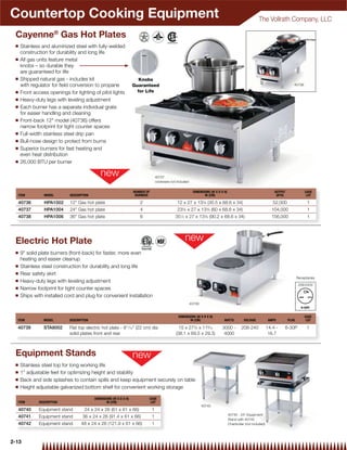 Countertop Cooking Equipment                                                                                                                              The Vollrath Company, LLC

 Cayenne® Gas Hot Plates
 Q   Stainless and aluminized steel with fully-welded
     construction for durability and long life
 Q   All gas units feature metal
     knobs – so durable they
     are guaranteed for life
 Q   Shipped natural gas - includes kit                               Knobs
     with regulator for ﬁeld conversion to propane                 Guaranteed                                                                                                     40736

 Q   Front access openings for lighting of pilot lights              for Life
 Q   Heavy-duty legs with leveling adjustment
 Q   Each burner has a separate individual grate
     for easier handling and cleaning
 Q   Front-back 12" model (40736) offers
     narrow footprint for tight counter spaces
 Q   Full-width stainless steel drip pan
 Q   Bull-nose design to protect from burns
 Q   Superior burners for fast heating and
     even heat distribution
 Q   26,000 BTU per burner

                                                                                   40737
                                                                                   cookware not included

                                                                   NUMBER OF                                DIMENSIONS (W X D X H)                                    OUTPUT               CASE
  ITEM          MODEL       DESCRIPTION                             BURNERS                                        IN (CM)                                             (BTU)                LOT

  40736         HPA1002     12" Gas hot plate                         2                         12 x 27 x 133⁄8 (30.5 x 68.6 x 34)                                   52,000                 1
  40737         HPA1004     24" Gas hot plate                         4                         235⁄8 x 27 x 133⁄8 (60 x 68.6 x 34)                                 104,000                 1
  40738         HPA1006     36" Gas hot plate                         6                        351⁄2 x 27 x 133⁄8 (90.2 x 68.6 x 34)                                156,000                 1




 Electric Hot Plate
 Q   9" solid plate burners (front-back) for faster, more even
     heating and easier cleanup
 Q   Stainless steel construction for durability and long life
 Q   Rear safety skirt
                                                                                                                                                                                      Receptacles
 Q   Heavy-duty legs with leveling adjustment
                                                                                                                                                                                       208/240V
 Q   Narrow footprint for tight counter spaces
 Q   Ships with installed cord and plug for convenient installation
                                                                                                           40739


                                                                                                 DIMENSIONS (W X D X H)                                                                   CASE
  ITEM          MODEL       DESCRIPTION                                                                 IN (CM)                 WATTS           VOLTAGE           AMPS         PLUG        LOT

  40739         STA8002     Flat top electric hot plate - 811⁄16" (22 cm) dia                     15 x 273⁄8 x 119⁄16         3000 -          208-240             14.4 -   6-30P            1
                            solid plates front and rear                                         (38.1 x 69.5 x 29.3)           4000                                16.7



 Equipment Stands
 Q   Stainless steel top for long working life
 Q   1" adjustable feet for optimizing height and stability
 Q   Back and side splashes to contain spills and keep equipment securely on table
 Q   Height adjustable galvanized bottom shelf for convenient working storage

                                          DIMENSIONS (W X D X H)           CASE
  ITEM       DESCRIPTION                         IN (CM)                    LOT
                                                                                                                   40740
  40740      Equipment stand        24 x 24 x 26 (61 x 61 x 66)                1
                                                                                                                                     40740 - 24" Equipment
  40741      Equipment stand       36 x 24 x 26 (91.4 x 61 x 66)               1
                                                                                                                                     Stand with 40740
  40742      Equipment stand      48 x 24 x 26 (121.9 x 61 x 66)               1                                                     Charbroiler (not included)




2-13
 