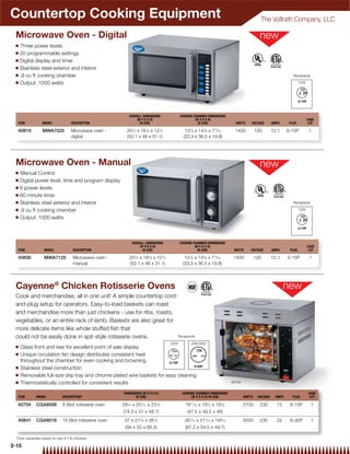 Countertop Cooking Equipment                                                                                                                The Vollrath Company, LLC

 Microwave Oven - Digital
 Q Three power levels
 Q 20 programmable settings
 Q Digital display and timer

 Q Stainless steel exterior and interior

 Q .9 cu ft cooking chamber                                                                                                                                      Receptacle

 Q Output: 1000 watts                                                                                                                                                 120V




                                                             OVERALL DIMENSIONS             COOKING CHAMBER DIMENSIONS
                                                                 (W X D X H)                         (W X D X H)                                                             CASE
  ITEM            MODEL             DESCRIPTION                    IN (CM)                             IN (CM)              WATTS     VOLTAGE        AMPS      PLUG           LOT

  40819           MWA7025           Microwave oven -       201⁄2 x 181⁄8 x 121⁄4               131⁄8 x 143⁄8 x 713⁄16       1450          120        12.1     5-15P           1
                                    digital                (52.1 x 46 x 31.1)                 (33.3 x 36.5 x 19.8)




 Microwave Oven - Manual
 Q Manual Control
 Q Digital power level, time and program display
 Q 6 power levels

 Q 60 minute timer

 Q Stainless steel exterior and interior                                                                                                                         Receptacle

 Q .9 cu ft cooking chamber                                                                                                                                           120V

 Q Output: 1000 watts




                                                              OVERALL DIMENSIONS            COOKING CHAMBER DIMENSIONS
                                                                  (W X D X H)                        (W X D X H)                                                             CASE
  ITEM             MODEL              DESCRIPTION                   IN (CM)                            IN (CM)             WATTS      VOLTAGE        AMPS      PLUG           LOT

  40830            MWA7125            Microwave oven -       201⁄2 x 181⁄8 x 121⁄4            131⁄8 x 143⁄8 x 713⁄16       1450           120        12.1     5-15P           1
                                      manual                 (52.1 x 46 x 31.1)              (33.3 x 36.5 x 19.8)




 Cayenne® Chicken Rotisserie Ovens
 Cook and merchandise, all in one unit! A simple countertop cord-
 and-plug setup for operators. Easy-to-load baskets can roast
 and merchandise more than just chickens - use for ribs, roasts,
 vegetables, or an entire rack of lamb. Baskets are also great for
 more delicate items like whole stuffed ﬁsh that
 could not be easily done in spit-style rotisserie ovens.          Receptacle

                                                                                     220V         208/240V
 Q   Glass front and rear for excellent point of sale display
 Q   Unique circulation fan design distributes consistent heat
     throughout the chamber for even cooking and browning
 Q   Stainless steel construction
 Q   Removable full-size drip tray and chrome plated wire baskets for easy cleaning
 Q   Thermostatically controlled for consistent results                                                                   40704


                                                         DIMENSIONS (W X D X H)              COOKING CHAMBER DIMENSIONS                                                       CASE
  ITEM        MODEL            DESCRIPTION*                     IN (CM)                           (W X D X H) IN (CM)             WATTS    VOLTAGE     AMPS      PLUG          LOT

  40704       CGA8008          8 Bird rotisserie oven    291⁄4 x 201⁄16 x 231⁄8                1811⁄16 x 191⁄2 x 181⁄8            2700      230        12      6-15P           1
                                                         (74.3 x 51 x 58.7)                     (47.5 x 49.5 x 46)
  40841       CGA8016          15 Bird rotisserie oven    37 x 215⁄8 x 261⁄8                  267⁄16 x 217⁄16 x 199⁄16            5000      230        22      6-30P           1
                                                          (94 x 55 x 66.3)                    (67.2 x 54.5 x 49.7)

 *Oven capacities based on use of 3 lb chickens

2-15
 