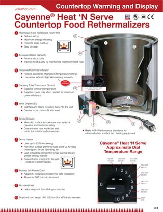 vollrathco.com
                                          Countertop Warming and Display
Cayenne® Heat ‘N Serve
Countertop Food Rethermalizers
1 Thermoset Fiber-Reinforced Resin Well
      Q   Self-insulating                                       5
      Q   Maximum energy efﬁciency
      Q   Prevents scale build-up                                                                         1
      Q   Easy to clean                                                                                                                     2

                                                                    6
2 Increased Water Capacity
      Q   Reduce labor costs
      Q   Improve food quality by maintaining maximum moist heat


3 Recessed Controls/Indicator
      Q   Reduce accidental changes in temperature settings
      Q   Low-water indicator light eliminates guesswork
                                                 NEW
                                               FEATURE!
4 Capillary Tube Thermostat Control
      Q   Supplies constant temperature               3                     Low-water indicator light –
                                                                                New Blue Color!
      Q   Supplies power only when needed for maximum
          power efﬁciency
                                                                                                                                    7

5 Wide Dripless Lip
      Q   Catches and drains moisture back into the well
      Q   Creates more uniform ﬁt with inset


6 Cooler Exterior
                                                                    3
      Q   Meets UL surface temperature standards for                                                          9
                                                                                       4                                                   8
          operator and customer safety
      Q   Concentrates heat inside the well,                                                                                                        10
                                                                        Q   Meets NSF4 Performance Standards for
          not to the outside surface and rim
                                                                            rethermalization and hot food holding equipment

7 Dome Heater
      Q   Uses up to 25% less energy                                                              Cayenne® Heat ‘N Serve
      Q   Non-stick surface prevents scale build-up for easy
          cleaning and longer operating life
                                                                                                     Approximate Dial
      Q   Cast-in heating element for longer service life and                                       Temperature Range
          greater energy transfer
      Q   Concentrates energy into the well                                                                   80-85˚F   100-105˚F       115-120˚F
                                                                                                              27-30˚C   38-41˚C         46-49˚C
          – producing steam quickly
                                                                                                                                                    130-135˚F
                                                                                                                                                    54-57˚C

8 Bottom Exit Power Cord
                                                                                                                                                    145-150˚F
      Q   Adapts to receptacle location for safe installation                                                                                       63-66˚C
      Q   Allows for 360˚ control placement
                                                                                                                                                    165-170˚F
                                                                                                                                                    74-77˚C
9 Non-skid Feet
      Q   Helps keep unit from sliding on counter                                                                                                   185-190˚F
                                                                                                                                                    85-88˚C


10 Standard cord length of 6' (183 cm) for all Vollrath warmers                                                                                     200˚F
                                                                                                                                                    94˚C




                                                                                                                                                                3-8
 