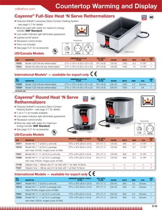 vollrathco.com
                                               Countertop Warming and Display
Cayenne® Full-Size Heat ‘N Serve Rethermalizers
Q   Features Vollrath's exclusive Direct Contact Heating System
    - see page 3-7 for details
Q   Must be used with water for maximum energy
    transfer (NSF Standard)
Q   Low-water indicator light eliminates guesswork
Q   Lighted on/off switch
Q   Recessed control knobs                                 Receptacles

Q                                                  120V       230V                         230V
    Pans not included
Q   See page 3-21 for accessories
                                                                                                                                    72020/72023
US/Canada Models
                                                                   DIMENSIONS (W X D X H)            WELL DEPTH                                                      CASE
 ITEM         DESCRIPTION                                                 IN (CM)                      IN (CM)      VOLTAGE       WATTS      AMPS          PLUG       LOT

 72020        Model 1220 full-size rethermalizer         213⁄ 4 x 133⁄ 4 x 9 (55 x 33 x 23)          65⁄ 8 (16.8)   120 AC        1000       8.3       5-15P          1
 72023        Model HS-Ultra full-size rethermalizer     213⁄ 4 x 133⁄ 4 x 9 (55 x 33 x 23)          65⁄ 8 (16.8)   120 AC        1440       12        5-15P          1


International Models* — available for export only
 INT’L                                                             DIMENSIONS (W X D X H)            WELL DEPTH                                                      CASE
 ITEM         DESCRIPTION                                                 IN (CM)                      IN (CM)      VOLTAGE       WATTS     AMPS           PLUG       LOT

 72630*       Model 1220 full-size rethermalizer         213⁄ 4 x 133⁄ 4 x 9 (55 x 33 x 23)          65⁄ 8 (16.8)   230 AC        1000      4.3      Schuko           1
                                                            3⁄ 4       133⁄ 4                        65⁄ 8 (16.8)
 72550*       Model 1220 full-size rethermalizer         21        x            x 9 (55 x 33 x 23)                  230 AC        1000      4.3            UK         1
*CE listed only



Cayenne® Round Heat ‘N Serve
Rethermalizers
Q   Features Vollrath's exclusive Direct Contact
    Heating System - see page 3-7 for details
Q   7 qt or 11 qt models available
Q   Low-water indicator light eliminates guesswork
Q   Recessed control knobs                                                                                                                             Receptacles
Q   Must be used with water for maximum                                                                                                             120V          230V
    energy transfer (NSF Standard)
                                                                                                                          72021
Q   See page 3-21 for accessories
                                                                                            72017
US/Canada Models
                                                              DIMENSIONS (DIAMETER X HEIGHT)         WELL DEPTH                                                      CASE
 ITEM         DESCRIPTION                                                 IN (CM)                      IN (CM)      VOLTAGE       WATTS      AMPS          PLUG       LOT

 72017        Model HS-7, 7 qt (6.6 L) unit only              109⁄ 16 x 95⁄ 8 (26.8 x 24.5)          63⁄ 4 (17.1)   120 AC        800        6.7       5-15P          1
 72018        Model HS-7, 7 qt (6.6 L) package                109⁄ 16 x 95⁄ 8 (26.8 x 24.5)          63⁄ 4 (17.1)   120 AC        800        6.7       5-15P          1
              with inset (78184), hinged cover (47488)
 72021        Model HS-11, 11 qt (10.4 L) unit only            125⁄ 8 x 95⁄ 8 (32.0 x 24.5)          63⁄ 4 (17.1)   120 AC        800        6.7       5-15P          1
 72009        Model HS-11, 11 qt (10.4 L) package              125              5
                                                                       ⁄ 8 x 9 ⁄ 8 (32.0 x 24.5)     63⁄ 4 (17.1)   120 AC        800        6.7       5-15P          1
              with inset (78204), hinged cover (47490)
 72196        Adaptor ring — Allows use of 7 qt inset with 11 qt Heat ‘N Serve                                        —            —          —             —         1
 72221        Adaptor ring — Allows use of 4 qt inset with 7 qt Heat ‘N Serve                                         —            —          —             —         1


International Models — available for export only
 INT’L                                                        DIMENSIONS (DIAMETER X HEIGHT)         WELL DEPTH                                                      CASE
 ITEM         DESCRIPTION                                                 IN (CM)                      IN (CM)      VOLTAGE       WATTS     AMPS           PLUG       LOT

 72517        Model HS-7, 7 qt (6.6 L) unit only              109⁄ 16 x 95⁄ 8 (26.8 x 24.5)          63⁄ 4 (17.1)   230 AC        800       3.5      Schuko           1
 72518        Model HS-7, 7 qt (6.6 L) package with           109⁄ 16 x 95⁄ 8 (26.8 x 24.5)          63⁄ 4 (17.1)   230 AC        800       3.5      Schuko           1
              inset (78184), hinged cover (47488)
 72521        Model HS-11, 11 qt (10.4 L) unit only            125⁄ 8 x 95⁄ 8 (32.0 x 24.5)          63⁄ 4 (17.1)   230 AC        800       3.5      Schuko           1
 72522        Model HS-11, 11 qt (10.4 L) package              125⁄ 8 x 95⁄ 8 (32.0 x 24.5)          63⁄ 4 (17.1)   230 AC        800       3.5      Schuko           1
              with inset (78204), hinged cover (47490)

                                                                                                                                                                          3 10
                                                                                                                                                                          3-10
 