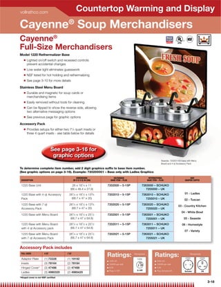 vollrathco.com
                                                Countertop Warming and Display
Cayenne® Soup Merchandisers
Cayenne®
Full-Size Merchandisers
Model 1220 Rethermalizer Base
   Q   Lighted on/off switch and recessed controls
       prevent accidental changes
   Q   Low water light eliminates guesswork
   Q   NSF listed for hot holding and rethermalizing
   Q   See page 3-10 for more details

Stainless Steel Menu Board
   Q   Durable and magnetic for soup cards or
       merchandising items
   Q   Easily removed without tools for cleaning
   Q   Can be ﬂipped to show the reverse side, allowing
       two alternative messaging options
   Q   See previous page for graphic options

Accessory Pack
   Q   Provides setups for either two 71⁄4 quart insets or
       three 4 quart insets - see table below for details




                             See page 3-16 for
                              graphic options
                                                                                                                             Seaside: 720201105 base with Menu
                                                                                                                             Board and 4 qt Accessory Pack

To determine complete item number, add 2 digit graphics sufﬁx to base item number.
(See graphic options on page 3-16). Example: 720200001 – Base only with Ladles Graphics
                                               DIMENSIONS                     US/CANADA                     INTERNATIONAL                              ADD
 DESCRIPTION                                (W X D X H) IN (CM)            BASE ITEM – PLUG                BASE ITEM – PLUG                        GRAPHIC SUFFIX

 1220 Base Unit                           26 x 181⁄ 4 x 11            7202000 – 5-15P                7263000 – SCHUKO
                                        (66 x 46.4 x 27.9)                                              7255000 – UK
 1220 Base with 4 qt Accessory        261⁄ 4 x 181⁄ 2 x 133⁄ 4        7202010 – 5-15P                7263010 – SCHUKO                              01 - Ladles
 Pack                                   (66.7 x 47 x 35)                                                7255010 – UK                              02 - Tuscan
                                            1        1            3
 1220 Base with 7 qt                  26 ⁄ 4 x 18 ⁄ 2 x 13 ⁄ 4        7202020 – 5-15P                7263020 – SCHUKO                        03 - Country Kitchen
 Accessory Pack                         (66.7 x 47 x 35)                                                7255020 – UK
                                                                                                                                                04 - White Bowl
 1220 Base with Menu Board            261⁄ 4 x 181⁄ 2 x 251⁄ 2        7202001 – 5-15P                7263001 – SCHUKO
                                       (66.7 x 47 x 64.8)                                               7255001 – UK                              05 - Seaside
 1220 Base with Menu Board            261            1
                                           ⁄ 4 x 18 ⁄ 2 x 25 ⁄ 2  1
                                                                      7202011 – 5-15P                7263011 – SCHUKO                           06 - Homestyle
 with 4 qt Accessory pack               (66.7 x 47 x 64.8)                                              7255011 – UK
                                                                                                                                                  07 - Variety
 1220 Base with Menu Board            261⁄ 4 x 181⁄ 2 x 251⁄ 2        7202021 – 5-15P                7263021 – SCHUKO
 with 7 qt Accessory Pack              (66.7 x 47 x 64.8)                                               7255021 – UK


Accessory Pack includes
 FULL SIZES

 Adaptor Plate
                      4 QT

                      (1) 72228
                                     7 QT

                                     (1) 19192
                                                                      Ratings:                Receptacle

                                                                                                120V
                                                                                                                  Ratings:                         230V
                                                                                                                                                       Receptacle
                                                                                                                                                                    230V
                                                                      Q   120V AC                                 Q   230V AC
 Insets               (3) 78164      (2) 78184                        Q   1000W per well                          Q   1000W per well
 Hinged Cover*        (3) 47486      (2) 47488                        Q   8.3A                                    Q   4.3A
                                                                      Q   Plug: 5-15P                             Q   Plug: Schuko/UK
 Ladles               (3) 4980320    (2) 4980420
*Hinged cover is not NSF certiﬁed

                                                                                                                                                                           3-18
 