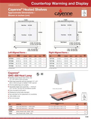 vollrathco.com
                                                          Countertop Warming and Display
Cayenne® Heated Shelves
                                                                                                                                                                                         Receptacle

                                                                                                                                                                                           120V

Approximate Dimensions –
Shown in inches (cm)                                                                                                              HEATED SHELVES



                                       Lengths                                                                                        Lengths
                       24 (61), 36 (91.4), 48 (121.9), 60 (152.4)                                                     24 (61), 36 (91.4), 48 (121.9), 60 (152.4)


                                 Back Zone       6.6 (16.8)                                                                      Back Zone       6.6 (16.8)




                                                                             20 (50.8)                                                                                       20 (50.8)

                                 Front Zone      13.4 (34)                                                                       Front Zone       13.4 (34)




                                 Left Aligned                                                                                   Right Aligned
                                                      2.7 (6.9) - 24  36 Units                                                                     2.7 (6.9) - 24  36 Units
                                                      5.7 (14.5) - 48  60 Units                                                                    5.7 (14.5) - 48  60 Units



                                                1 (2.5) - 24  36 Units                                                                       1 (2.5) - 24  36 Units
                                                4 (10.2) - 48  60 Units                                                                      4 (10.2) - 48  60 Units

Left Aligned Items {                                                                            Right Aligned Items |
                     WIDTH                                                               CASE                          WIDTH                                                                 CASE
 ITEM               IN (CM)           VOLTAGE      WATTS            AMPS      PLUG        LOT     ITEM                IN (CM)           VOLTAGE        WATTS        AMPS        PLUG          LOT

 7277024           24 (61)           120 AC         350             2.9      5-15         1       7277124            24 (61)           120 AC          350          2.9         5-15          1

 7277036          36 (91.4)          120 AC         535             4.5      5-15         1       7277136           36 (91.4)          120 AC          535          4.5         5-15          1

 7277048          48 (121.9)         120 AC         720             6.0      5-15         1       7277148           48 (121.9)         120 AC          720          6.0         5-15          1

 7277060          60 (152.4)         120 AC         905             7.5      5-15         1       7277160           60 (152.4)         120 AC          905          7.5         5-15          1

{ Stocked Items                                                                                 | 3 Day Lead Time




Cayenne®
OHC-500 Heat Lamp
Q   Stainless hood directs heat evenly over
    12 x 20 (30.5 x 50.8 cm) area
Q   Wide base assembly will hold standard 12 x 20
    (30.5 x 50.8 cm) pan or Vollrath 71001 warmer
Q   Chrome-plated legs and uprights
Q   Adjustable height lamp assembly — minimum
    121⁄2 to 201⁄2 (31.8 to 52 cm) above counter                                                       Shown with pan 30026
Q   Cord mounted on/off switch
Q   Shatterproof white bulbs standard                                                                                                                                                    Receptacle
Q   Non-skid feet for ﬁrm placement on countertop
                                                                                                                                                                                           120V
Q   120V, 500W, 4.2A
Q   Pan not included


                                                                                                    MAXIMUM DIMENSIONS (W X D X H)                                                           CASE
 ITEM              DESCRIPTION                                                                                 IN (CM)                                                PLUG                    LOT

 71500             OHC-500 heat lamp — white bulbs                                              14 x 19 x 283⁄ 4 (35.6 x 48.3 x 73)                                  5-15P                     1
 72500             OHC-500 heat lamp — red bulbs                                                14 x 19 x 283⁄ 4 (35.6 x 48.3 x 73)                                  5-15P                     1
 ACCESSORIES
 72242             White infrared bulb, 250W, 120V                                                                                                                     —                      12
 72241             Red infrared bulb, 250W, 120V                                                                                                                       —                      12

                                                                                                                                                                                                   3-24
 