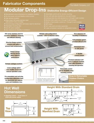 Fabricator Components                                                                                                          The Vollrath Company, LLC


 Modular Drop-Ins Distinctive Energy-Efﬁcient Design
  Q   Standardized cutout dimensions for installation ﬂexibility             Q   Detachable control unit for remote mounting
  Q   Six-foot power cord and ﬂexible control conduit                        Q   Drain with ball valve standard (on one well models)
  Q   High-density insulation                                                Q   Individual drain shut-offs standard (on 2 through 6 well modules)
  Q   Deep drawn 300 series stainless steel                                  Q   Manifold drain option (on 2 through 6 well modules)
      wells are 63⁄8 (16.2 cm) deep                                         Q   Inﬁnite or thermostatic control (on 1 through 6 well modules)
  Q   Cord and plug conﬁguration eliminates need for electrician             Q   NSF4 listed
  Q   Adjustable mounting clips                                              Q   Full 1-year parts and labor guarantee
  Q   Auto-ﬁll option available                                              Q   5-year compressor warranty on refrigerated models
  Q   Zero clearance for ﬂexibility in installation

  300 series stainless steel for                                Multiple well conﬁgurations                                           Zero clearance for
 corrosion resistance, longevity,                            available – refer to selection tables                                  ﬂexibility in installation
      and efﬁcient cleaning
                                                                                                                                   Full perimeter gasket
                                                                                                                                   provided with all units
       Drip-free ﬂange contains
         moisture and spills to
      prevent food contamination                                                                                                       Galvanized steel
                                                                                                                                        on side panels

             Unique energy-
             efﬁcient design                                                                                                              4' ﬂexible
             offers superior                                                                                                            control conduit
              performance
                                                                                                                           Standard individual well
                                                                                                                          drain or optional manifold
      Multiple wattages available                                                                                          drain offers ﬂexibility in
                                                                                                                           cleaning and operation
        Lower wattage option
                                                                                                             Detachable control
       uses smaller circuit and
                                                                                                           unit for ﬂexibility when
       reduces operation costs
                                                                                                             mounting controls


  Pre-assembled cord and plug                                                                                                Drop-In Retractable
  conﬁguration eliminates need                               Mounting clips adjust to varying countertop                     Dripless Chafers
   for electrician and reduces                               thicknesses. Clips designed to work with                        See Page 9-17
                                                             laminate and solid surface countertops
   costs and installation time



                                                                                    Height With Standard Drain
 Hot Well                                                                                                                                      3⁄8 (1 cm)



 Dimensions                                                                  151⁄8
                                                                                          11
                                                                                       (27.9 cm)
                                                                                                                                             Above Counter
                                                                                                                                         81⁄2
                                                                                                                                      (21.6 cm)
 Q    Opening cutout — must have 7⁄8                                      (38.4 cm)
      (2.22 cm) corner radius                                                                                                                     6' power
                                                                                                                                                    cord
                                                                                   4' control                 23
                                                                                    conduit                (58.4 cm)
                              20
                           (50.8 cm)



      Top                                           12
                                                                          Height With                                                          185⁄8
                                                                                                                                             (47.5 cm)

      View                                       (30.5 cm)
                                                                         Manifold Drain
                                                                                                                          23
                                                                                                                       (58.4 cm)




4-3
 
