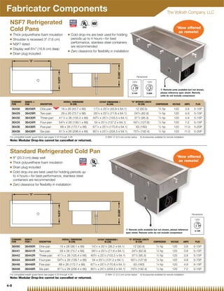 Fabricator Components                                                                                                                                                     The Vollrath Company, LLC

 NSF7 Refrigerated
                                                                                                                                                                                |
                                                                                                                                                                                    Now offered
 Cold Pans                                                                                                                                                                          as remote!
 Q    Thick polyurethane foam insulation                  Q   Cold drop-ins are best used for holding
 Q    Shoulder is recessed 3 (7.6 cm)                        periods up to 4 hours—for best
 Q    NSF7 listed                                             performance, stainless steel containers
                                                              are recommended
 Q    Display well 65⁄8 (16.8 cm) deep
                                                          Q   Zero clearance for ﬂexibility in installation
 Q    Drain plug included




                                                                                                                                Receptacle

                                                                                                                           120V                  120V


                                                                                                                                                                 | Remote units available but not shown,
                                                                                                                                                                 please reference spec sheet. Remote
                                                                                                                                                                 units do not include compressor

  STANDARD     REMOTE |                              OVERALL DIMENSIONS                   CUTOUT DIMENSIONS {              D INTERIOR LENGTH
  ITEM         ITEM           DESCRIPTION                  IN (CM)                               IN (CM)                          IN (CM)                COMPRESSOR          VOLTAGE       AMPS      PLUG

  36456        36456R         One-pan             18 x 26 (45.7 x 66)          171⁄ 4 x 251⁄ 4 (43.8 x 64.1)                   12 (30.5)                     1
                                                                                                                                                                 ⁄ 5 hp       120          3.8      5-15P
  36429        36429R         Two-pan             29 x 26 (73.7 x 66)          281⁄ 4 x 251⁄ 4 (71.8 x 64.1)                  243⁄ 4 (62.9)                  1⁄ 4   hp        120          4.9      5-15P
  36430        36430R         Three-pan         411⁄ 2   x 26 (105.4 x 66)        3            1
                                                                               40 ⁄ 4 x 25 ⁄ 4 (103.5 x 64.1)                       1
                                                                                                                              37 ⁄ 2 (95.3)                  1
                                                                                                                                                                 ⁄ 4 hp       120          4.9      5-15P
  36434        36434R         Four-pan          543⁄ 4 x 26 (139.1 x 66)        54 x 251⁄ 4 (137.2 x 64.1)                   501⁄ 4 (127.6)                  1
                                                                                                                                                                 ⁄ 3 hp       120          7.2      5-15P
  36436        36436R         Five-pan            68 x 26 (172.7 x 66)         671⁄ 4 x 251⁄ 4 (170.8 x 64.1)                   63 (160)                     1
                                                                                                                                                                 ⁄ 2 hp       120          11.0     5-20P
  36438        36438R         Six-pan           811⁄ 4 x 26 (206.4 x 66)       801⁄ 2 x 251⁄ 4 (204.5 x 64.1)                753⁄ 4 (192.4)                  1⁄ 2   hp        120          11.0     5-20P
 For compatible breath guard items see pages 4-23 through 4-28                                 { With 7⁄8 (2.2 cm) corner radius        | Accessories available for remote installation
 Note: Modular Drop-Ins cannot be cancelled or returned.


 Standard Refrigerated Cold Pan
                                                                                                                                                                                |
 Q    8 (20.3 cm) deep well                                                                                                                                                        Now offe
                                                                                                                                                                                         offered
 Q    Thick polyurethane foam insulation
                                                                                                                                                                                    as remot
                                                                                                                                                                                       remote!
 Q    Drain plug included
 Q    Cold drop-ins are best used for holding periods up
      to 4 hours—for best performance, stainless steel
      containers are recommended
 Q    Zero clearance for ﬂexibility in installation




                                                                                                                                                                                                  Receptacle

                                                                                                                                                                                                    120V



                                                                                                                     | Remote units available but not shown, please reference
                                                                                                                     spec sheet. Remote units do not include compressor


  STANDARD     REMOTE                              OVERALL DIMENSIONS                 CUTOUT DIMENSIONS{                D INTERIOR LENGTH
  ITEM         ITEM|         DESCRIPTION                 IN (CM)                            IN (CM)                            IN (CM)                  COMPRESSOR          VOLTAGE    AMPS          PLUG

  36490        36490R        One-pan             15 x 26 (38.1 x 66)         141⁄ 4 x 251⁄ 4 (36.2 x 64.1)                  12 (30.4)                     1⁄ 5   hp          120       3.8         5-15P
  36441        36441R        Two-pan             29 x 26 (73.7 x 66)         281⁄ 4 x 251⁄ 4 (71.8 x 64.1)                 243⁄ 4 (62.9)                  1⁄ 5   hp          120       3.8         5-15P
  36442        36442R        Three-pan         411⁄ 2   x 26 (105.4 x 66)    403⁄ 4   x   251⁄ 4   (103.5 x 64.1)          371⁄ 2       (95.3)            1⁄ 5   hp          120       3.8         5-15P
  36444        36444R        Four-pan          543⁄ 4 x 26 (139.1 x 66)       54 x 251⁄ 4 (137.2 x 64.1)                  501⁄ 4 (127.6)                  1⁄ 4   hp          120       4.9         5-15P
  36446        36446R        Five-pan           68 x 26 (172.7 x 66)         671⁄ 4 x 251⁄ 4 (170.8 x 64.1)                  63 (160)                     1⁄ 4   hp          120       4.9         5-15P
  36448        36448R        Six-pan           811⁄ 4 x 26 (206.4 x 66)      801⁄ 2 x 251⁄ 4 (204.5 x 64.1)               753⁄ 4 (192.4)                  1⁄ 3   hp          120       7.2         5-15P
 For compatible breath guard items see pages 4-23 through 4-28                                 { With ⁄  (2.2 cm) corner radius
                                                                                                       78                                | Accessories available for remote installation
 Note: Modular Drop-Ins cannot be cancelled or returned.

4-9
 