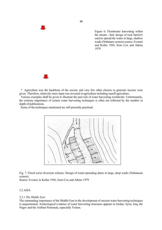 10


                                                                 Figure 6: Floodwater harvesting within
                                                                 the stream - bed: design of rock barrier's
                                                                 used to spread the water in large, shallow
                                                                 wadis (Nabataen system) source: Evenari
                                                                 and Koller 1956, from Cox and Atkins
                                                                 1979




 ? Agriculture was the backbone of the society and very few other choices to generate income were
given. Therefore, relatively more input was invested in agriculture including runoff agriculture.
  Various examples shall be given to illustrate the past role of water harvesting worldwide. Unfortunately,
the extreme importance of certain water harvesting techniques is often not reflected by the number or
depth of publications.
 Some of the techniques mentioned are still presently practised.




Fig. 7. Flood water diversion scheme: Design of water-spreading dams in large, deep wadis (Nabataean
system).
Source: Evenari & Koller 1956, from Cox and Atkins 1979


3.2 ASIA

3.2.1 The Middle East
The outstanding importance of the Middle East in the development of ancient water harvesting techniques
is unquestioned. Archeological evidence of water harvesting structures appears in Jordan, Syria, Iraq, the
Negev and the Arabian Peninsula, especially Yemen.
 