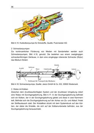 96




Bild 4.15: Hubkolbenpumpe für Dickstoffe, Quelle: Putzmeister AG

2 Schneckenpumpen
Zur kontinuierlichen Förderung von Medien mit Sandanteilen werden auch
Schneckenpumpen, Bild 4.16, genutzt. Sie bestehen aus einem zweigängigen
schneckenförmigen Gehäuse, in dem eine eingängige rotierende Schnecke (Rotor)
das Medium fördert.




Bild 4.16: Schneckenpumpe, Quelle: Jesco GmbH & Co. KG, 30900 Wedemark

3 Walze mit Kolben
Zwischen dem druckbeaufschlagten System und der drucklosen Umgebung rotiert
eine Walze mit Durchgangsbohrung, Bild 4.17. In der Durchgangsbohrung befindet
sich ein Kolben, der in der Durchgangsbohrung gleitet und diese in zwei Kammern
teilt. Befindet sich die Durchgangsbohrung auf der Achse von Zu- und Ablauf, findet
der Stoffaustausch statt. Der Kristallbrei drückt mit dem Systemdruck auf den Kol-
ben, der dabei die Kristalle, die sich auf der Kolbenunterseite befinden, aus der
Durchgangsbohrung herausschiebt.
 